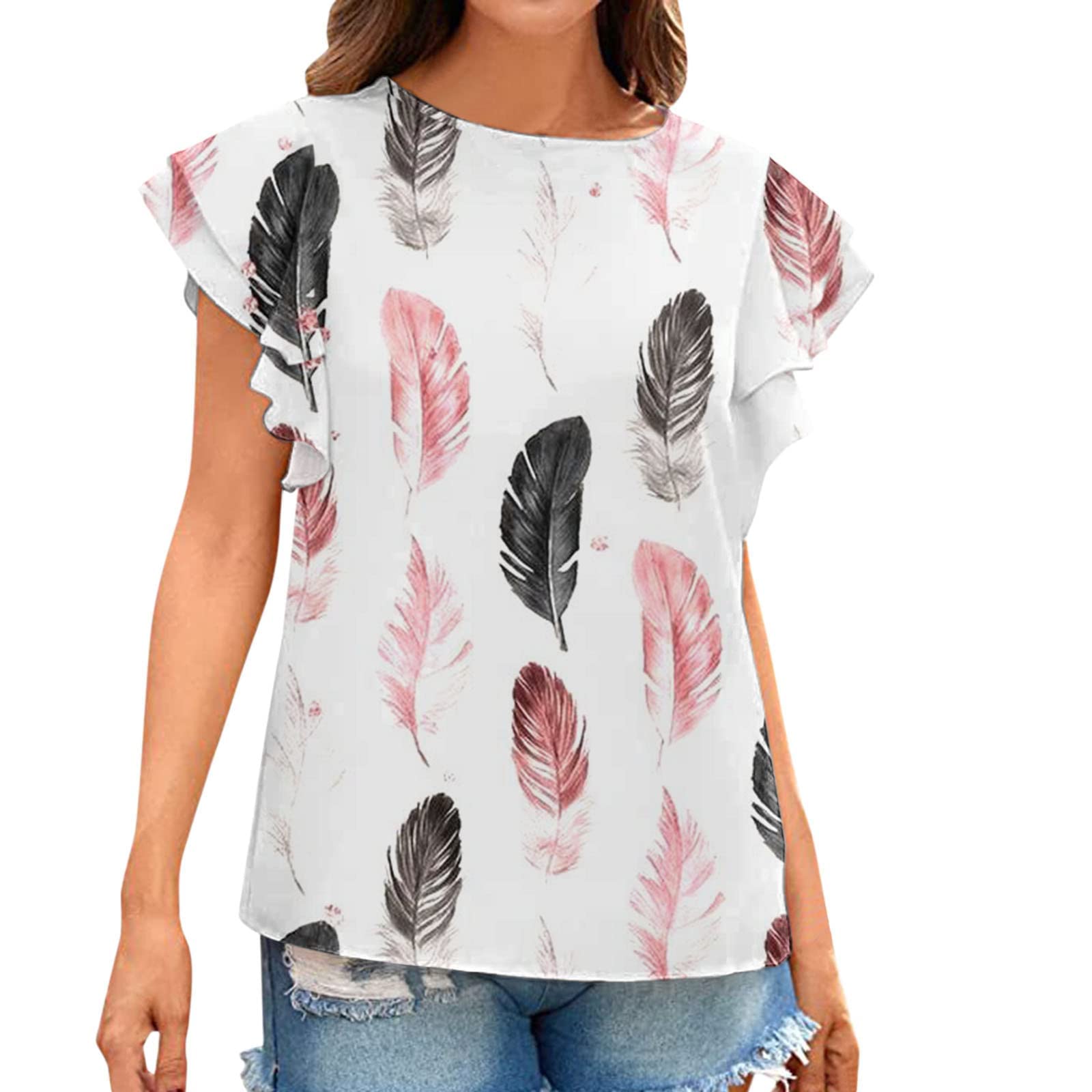 Women's Summer Tops - Fashion Casual Round Neck Ruffled Short Sleeve Printed Blouse | Perfect for Beach Outings, Vacation Wear & Summer Casual Style