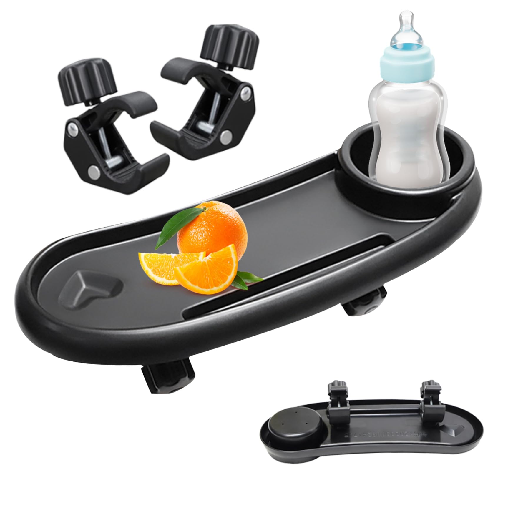 Universal Stroller Snack Tray with Cup Holder & Phone Pocket - Removable, Reusable Baby Pram Food Tray with Non-Slip Grip Clip for Stroller Bars (Black) - Perfect for On-the-Go Snacking, Park Outings & Stroller Walks