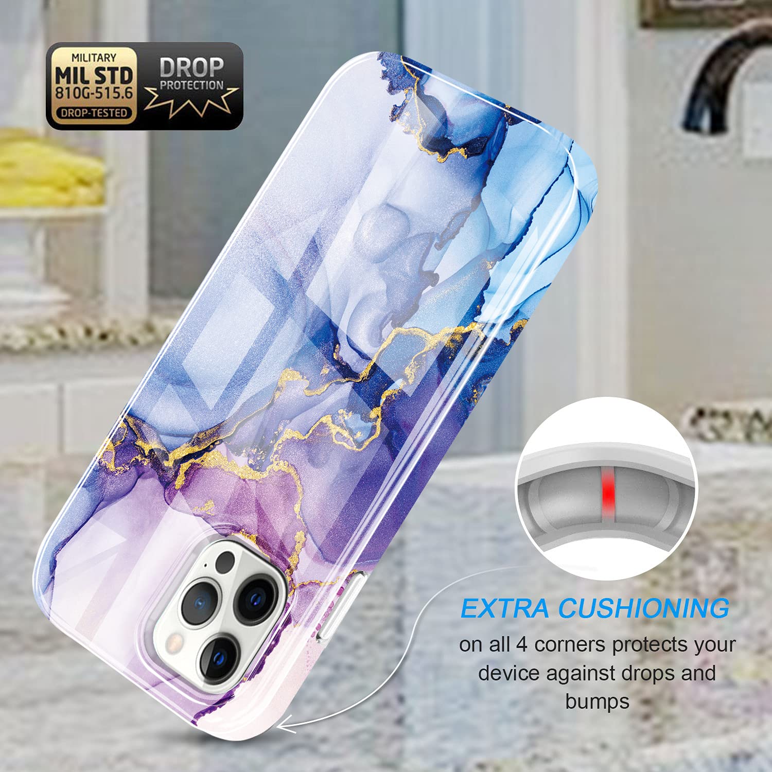 Luolnh Gold Glitter Sparkle iPhone 13 Pro Max Case (6.7 Inch 2021) - Marble Design Shockproof Silicone Bumper Phone Cover in Abstract Purple & Blue | Perfect for Everyday Protection & Stylish Accessorizing