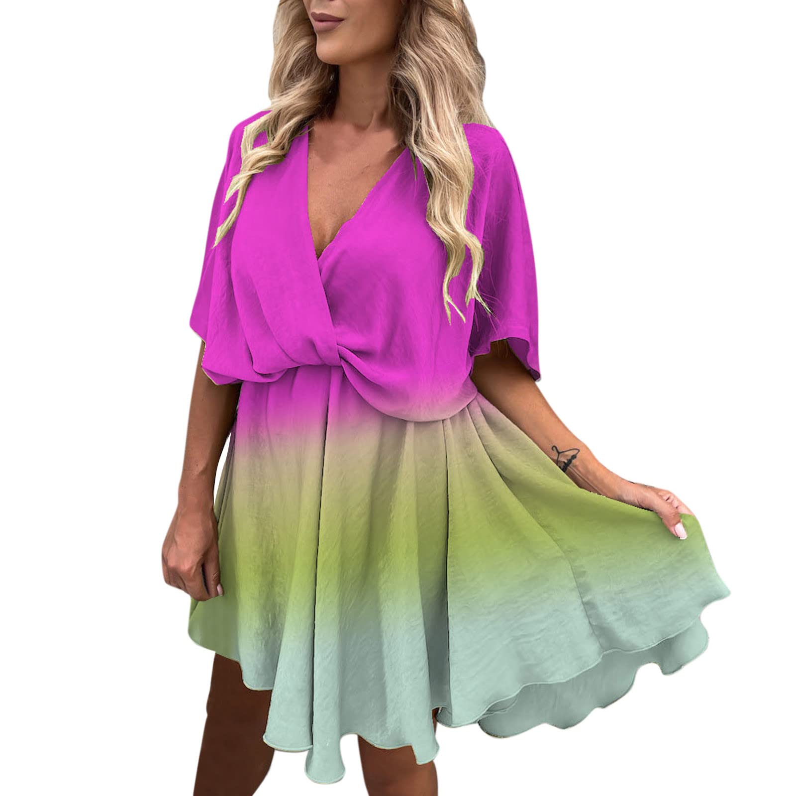 Women's Solid Print Mini Dress with Batwing Sleeves - Flowy Swing Midi Dress for Casual Summer Wear | Perfect for Beach Outings, Date Nights & Weekend Brunch