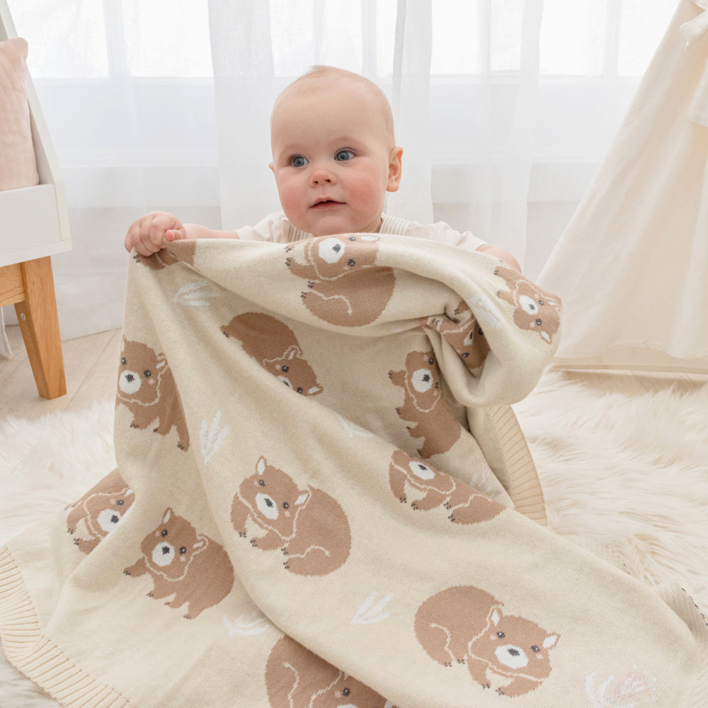 Soft Cotton Knit Australiana Baby Blanket - Adorable Fawn Wombat Design | Perfect for Nursery, Stroller & Gift Giving