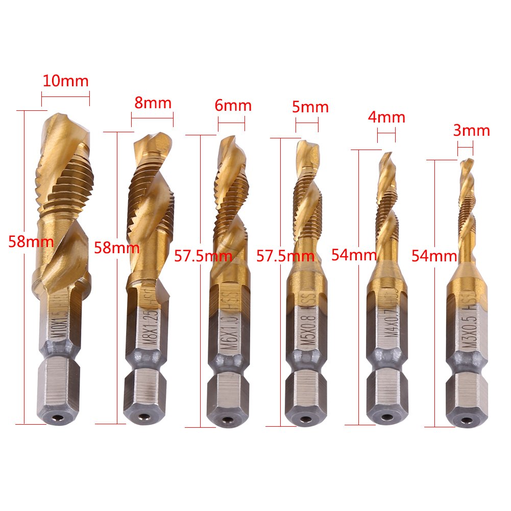 6Pcs High-Speed Steel Coated Drill and Tap Set - Metric Thread M3-M10 with 1/4