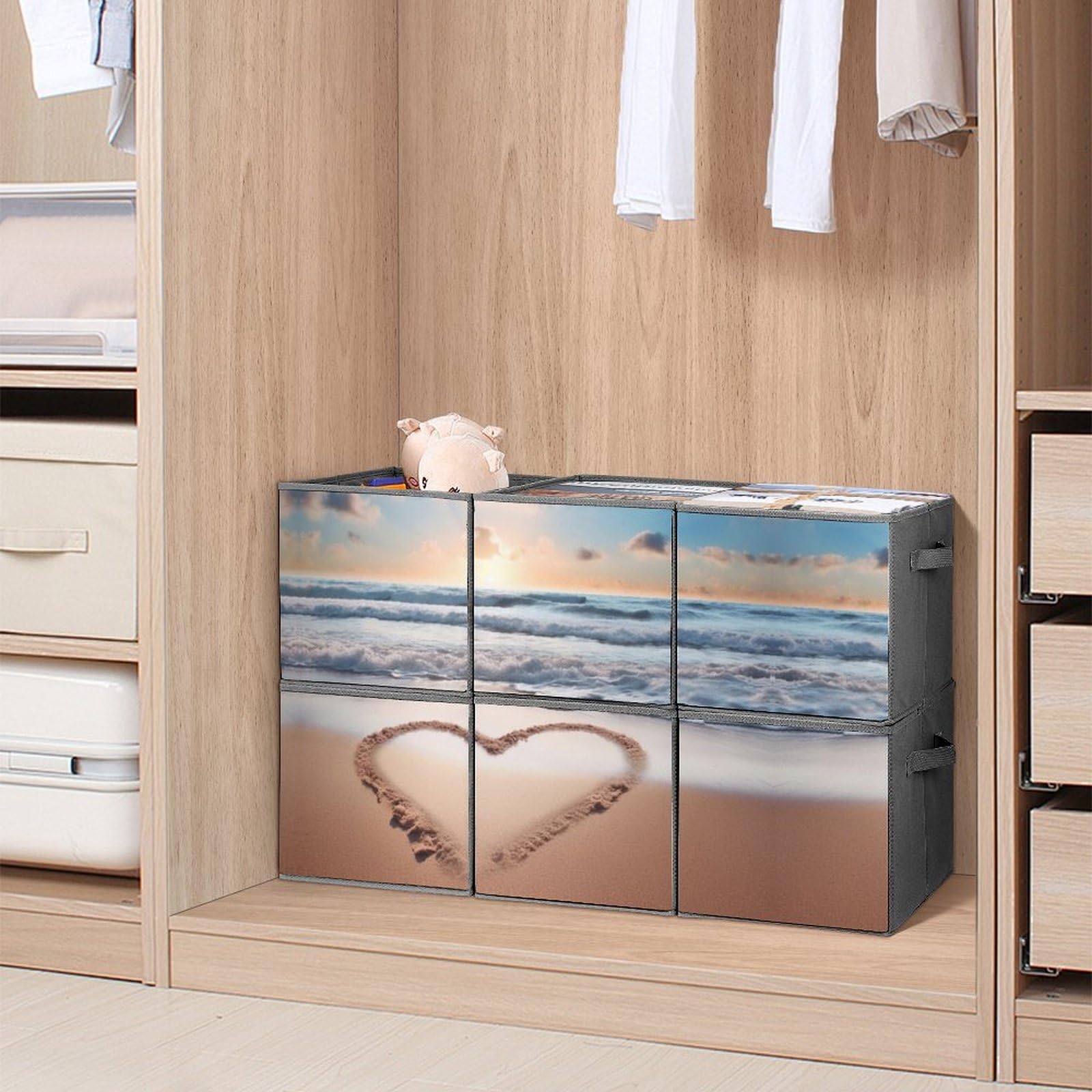 6-Pack Heart Shaped Collapsible Storage Bins with Handles - Romantic Beach Themed Foldable Storage Baskets for Closet, Bedroom & Bathroom Organization - Large Fabric Storage Cubes for Clothes, Toys & Home Decor
