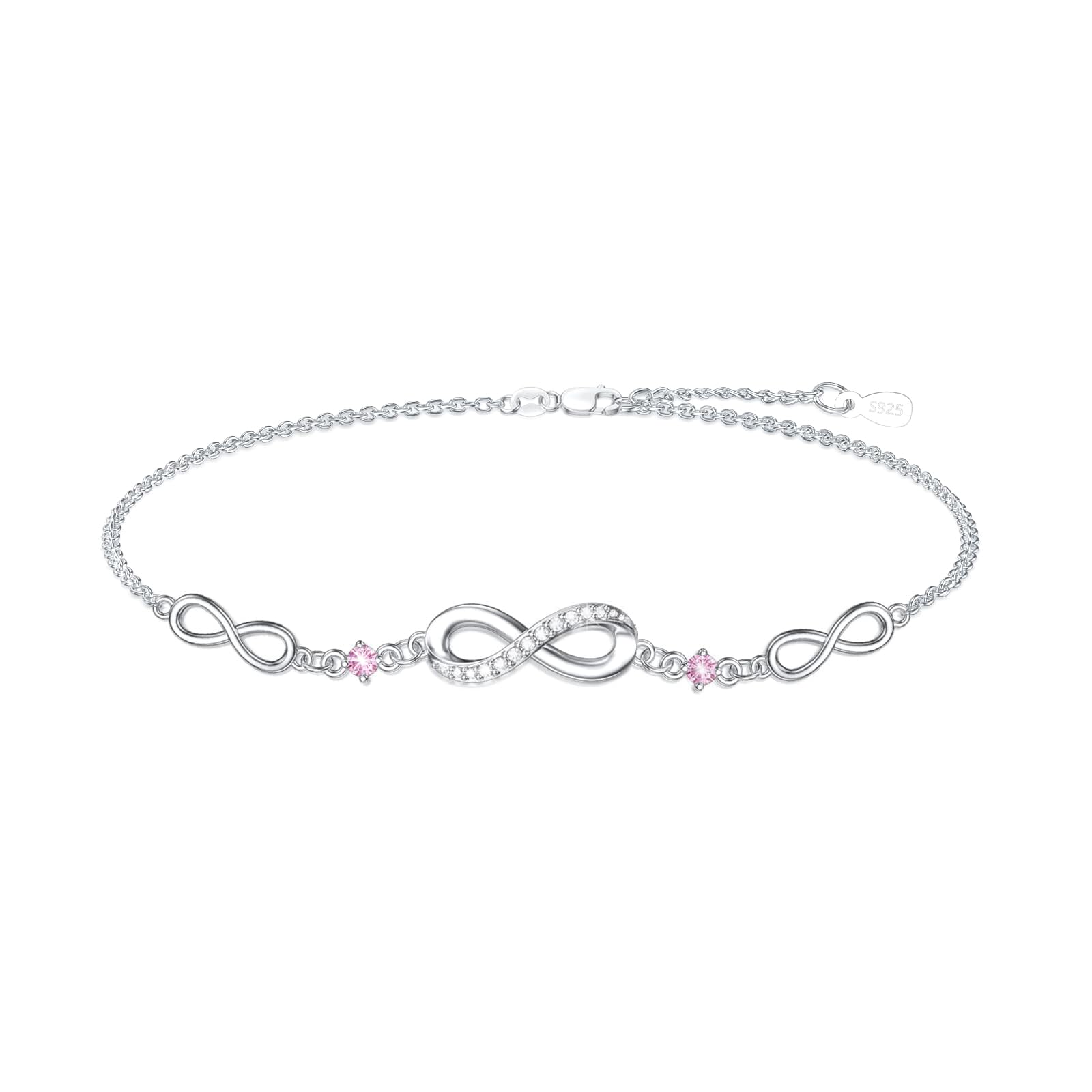Infinity Bracelet for Women - 925 Sterling Silver Adjustable Birthstone Charm Link Bracelet - Christmas, Birthday Gift for Wife, Mom, Her - Perfect for Holidays, Anniversaries & Special Occasions