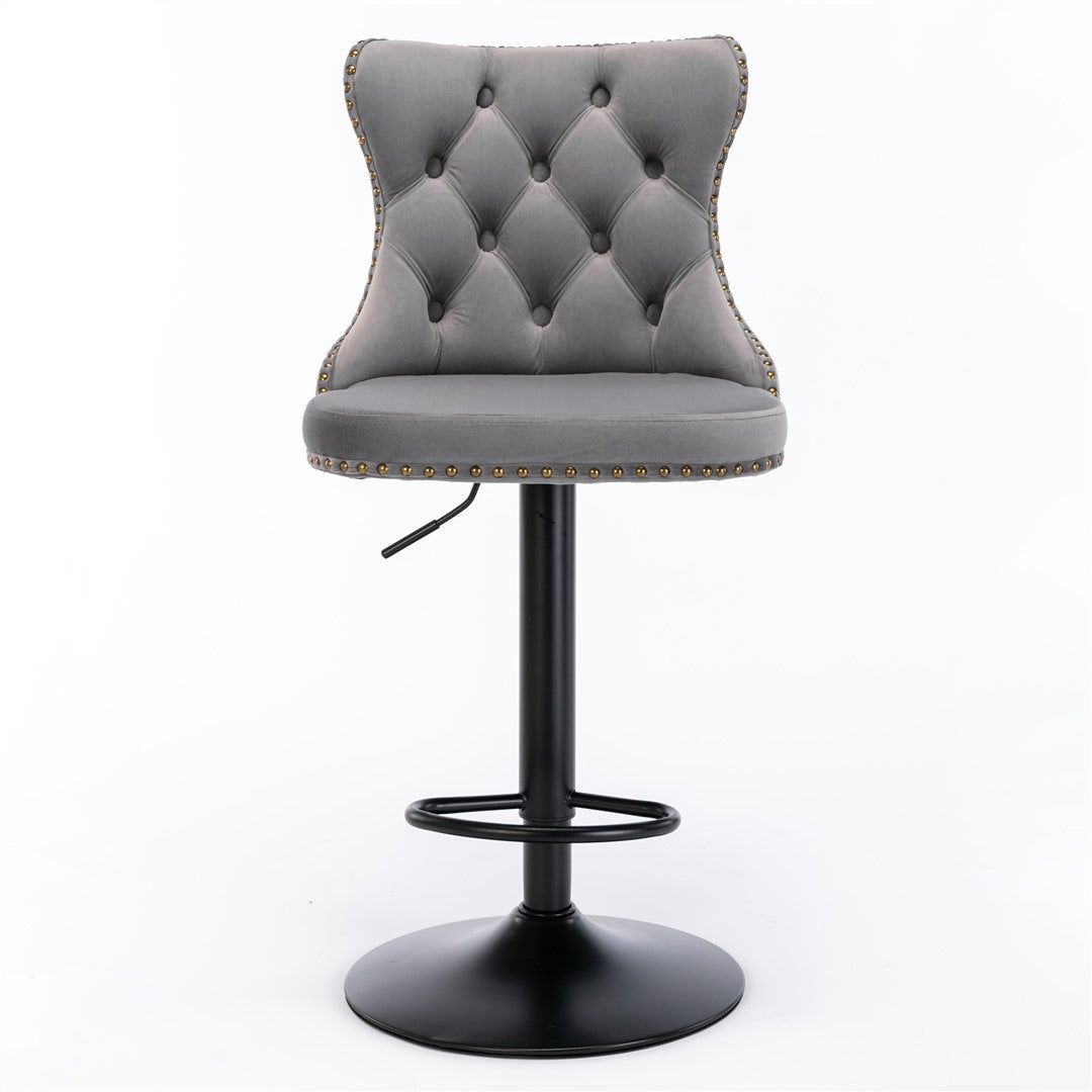 Adjustable Height Swivel Bar Stools with Footrest - Velvet Upholstered & Nailhead Trim - Perfect for Kitchen Islands, Home Bars & Dining Counter Seating