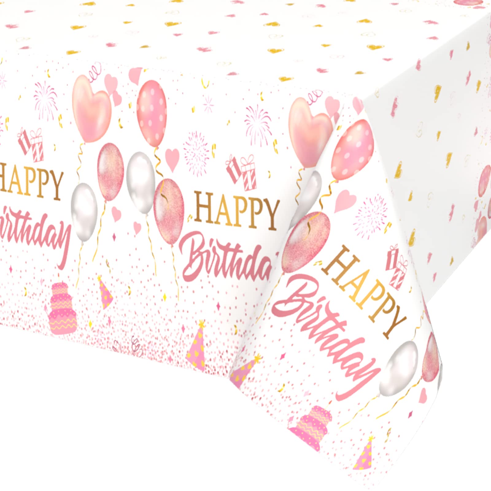 Pink Birthday Tablecloth for Girls & Women - 1PC Happy Birthday Table Cover with Gold Trim for Baby Shower, Birthday Party Decorations | Perfect for Kids' Celebrations, Bridal Showers & Special Events
