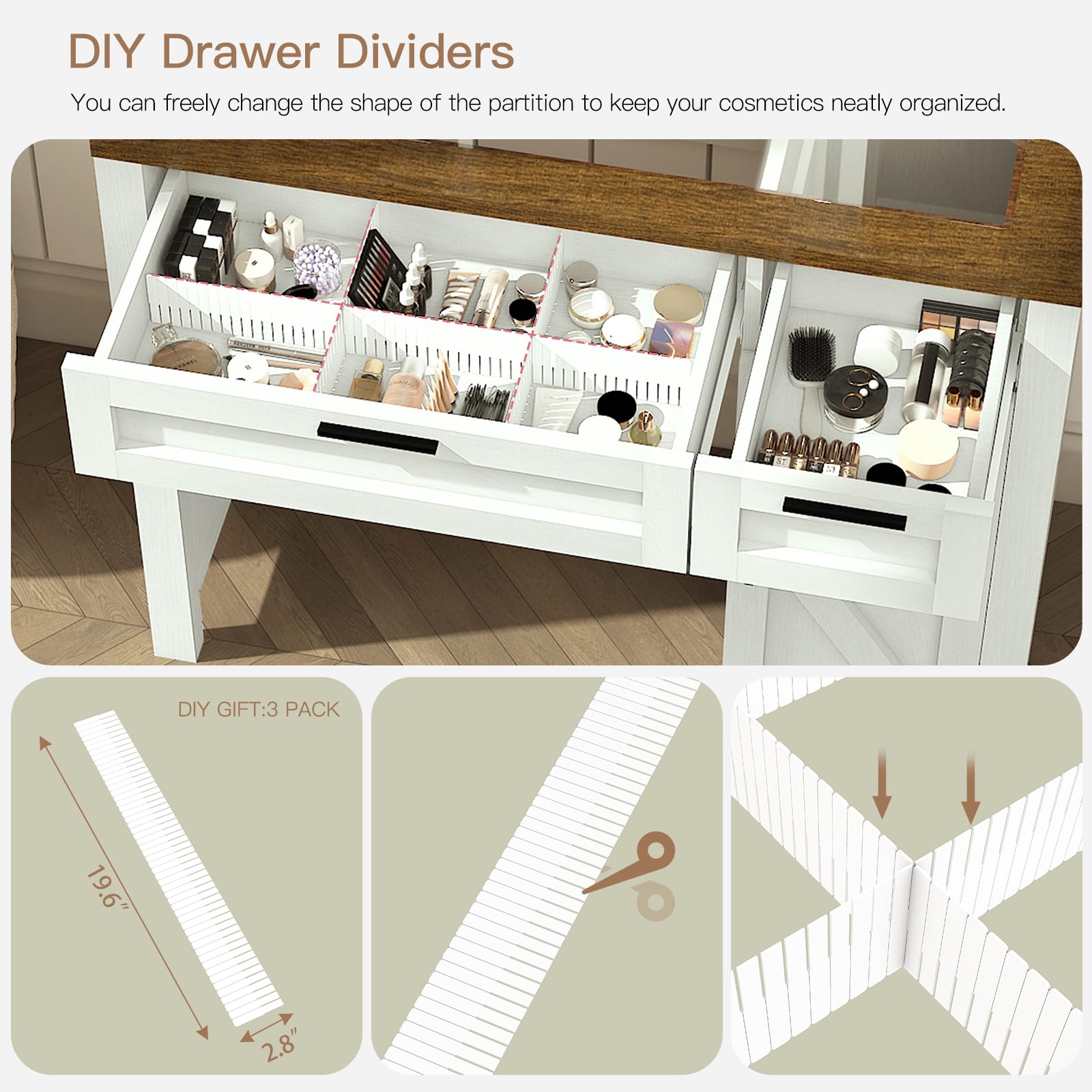 Farmhouse Makeup Vanity Desk with Mirror & LED Lights - White Glass Top Dressing Table with Adjustable Shelves, 2 Drawers & Side Cabinet - Perfect for Bedroom, Dorm Room or Boudoir Makeup Organization