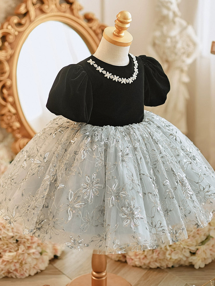Black Princess Round Tea Length Lace Flower Girl Dress for Weddings, Birthday Parties & Special Occasions