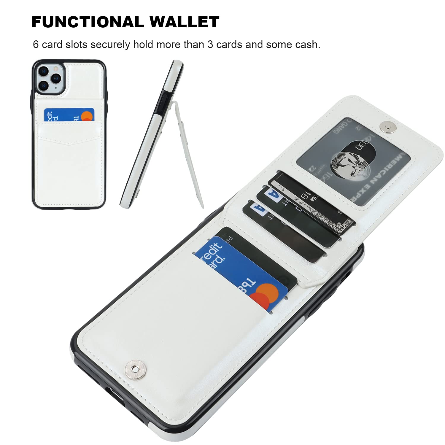 Premium Leather iPhone 11 Pro Max Case with Magnetic Wallet & Kickstand - Heavy Duty Protective Cover with Credit Card Holder (6.5 Inch, White) - Perfect for Business Travel, Daily Commute & Hands-Free Viewing