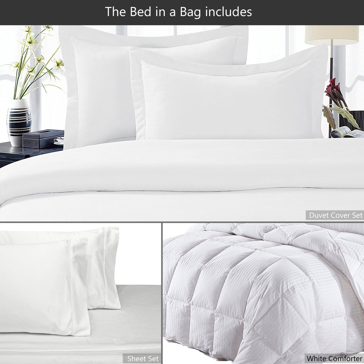 8-Piece 100% Cotton White Goose Down Bedding Set with 300TC Sheets & Duvet Cover + All-Season 600 Fill Power Striped Down Comforter - Luxury Hotel Style Bedroom Decor for Master Bedroom & Guest Room