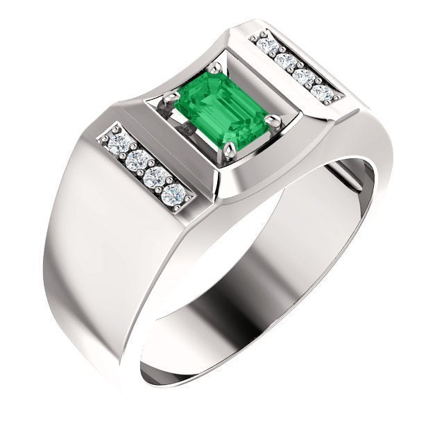 14KT Gold Men's Emerald and Diamond Accent Ring - 0.56ct Emerald & 0.12ctw Diamonds - Elegant Jewelry for Weddings, Anniversaries & Special Occasions