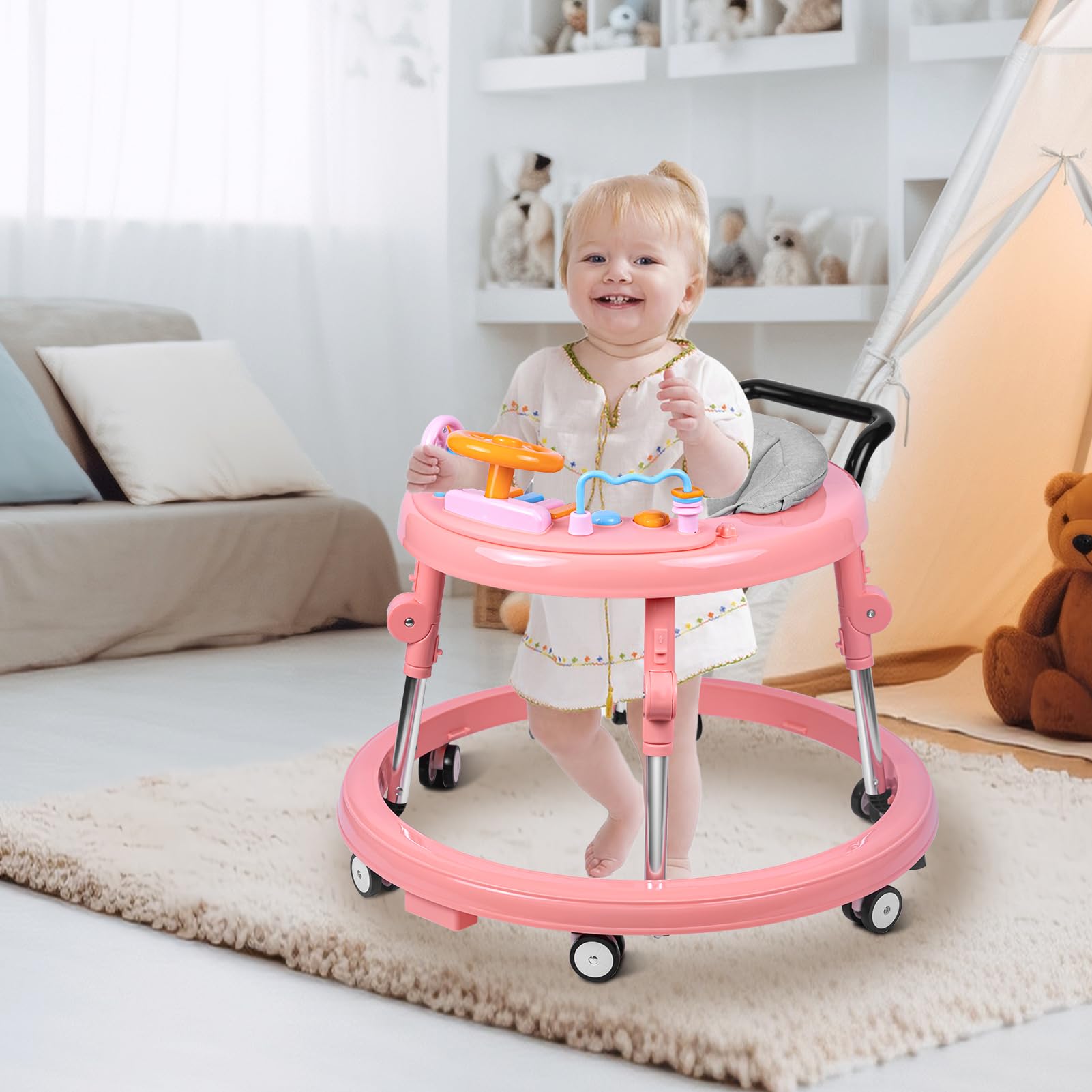 Foldable 9-Speed Adjustable Baby Walker with Wheels & Music - Anti-Fall Infant Activity Center with Foot Pads for Boys & Girls 6-24 Months | Perfect for Learning to Walk & Indoor Playtime