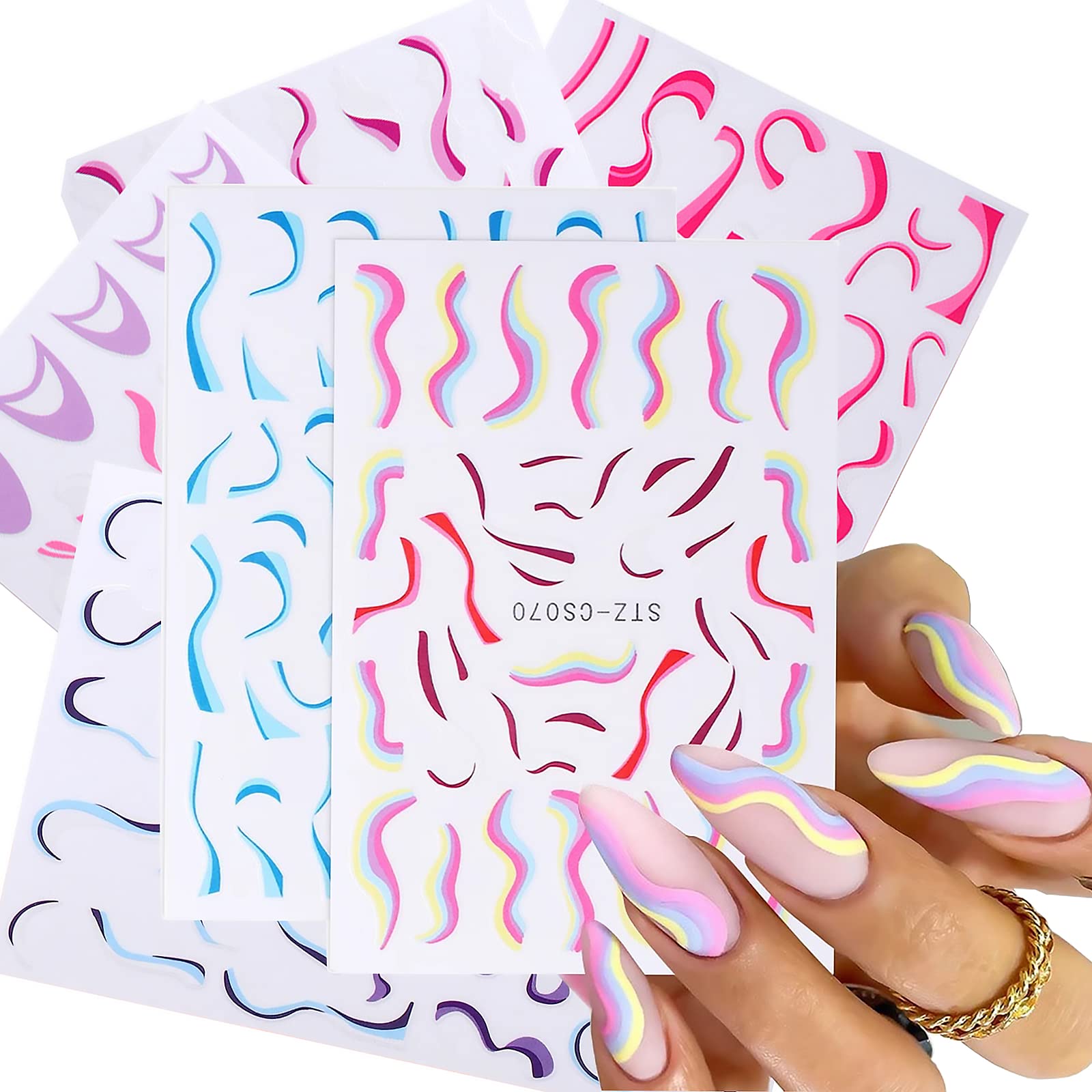 3D Blue Pink Purple Rainbow Line Nail Art Stickers - 6 Sheets Self-Adhesive Curve Stripe Design for French Manicure | Nail Decals for Parties, Weddings, Salon & DIY Nail Art Accessories