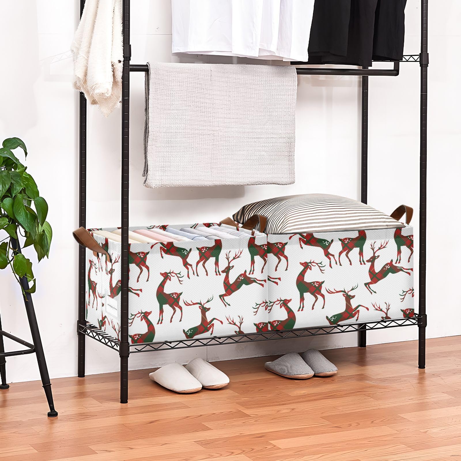 2-Pack Large Fabric Closet Organizers with Metal Frame - Deer Plaid Storage Bins for Shelves, Collapsible Clothes Baskets | Perfect for Nursery Organization, Bedroom Storage & Home Closet Decluttering