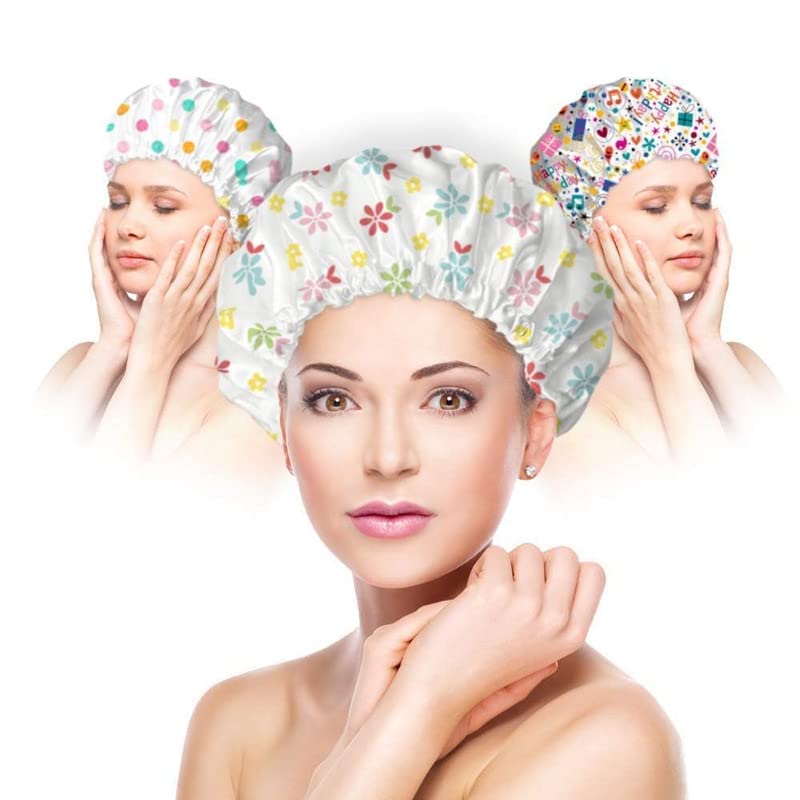 3 Pack Waterproof Shower Caps for Women - Reusable Plastic Bath Hair Hat with Elastic Band for Spa, Salon & Home Use - Keep Hair Dry While Washing Face, Swimming or Skincare Routine