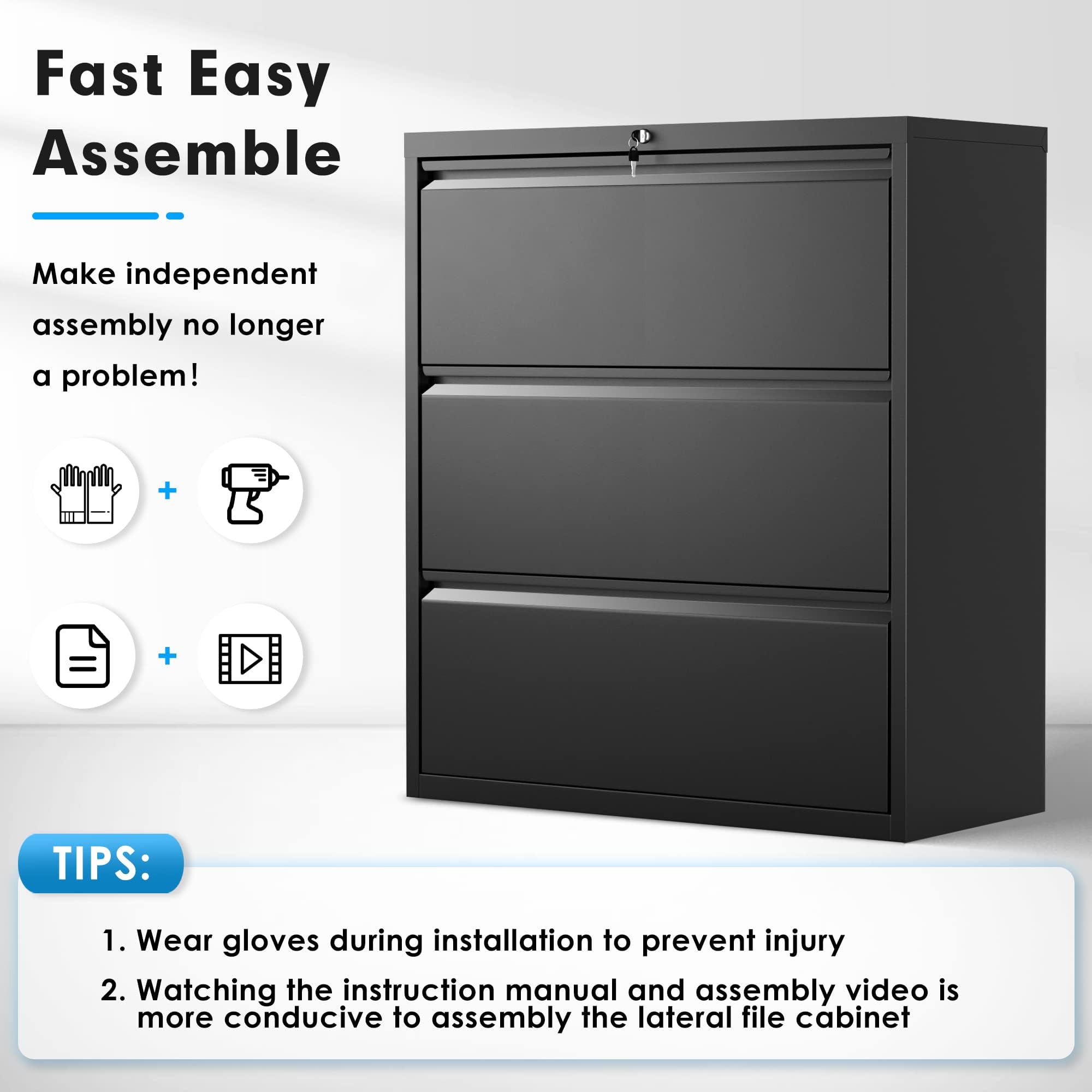 Pataku 3-Drawer Metal Lateral File Cabinet with Lock - Steel Office & Home Filing Cabinet for Letter, Legal, F4 & A4 Hanging Files - Wide Storage Organization Solution for Documents, Records & Office Supplies (Black)