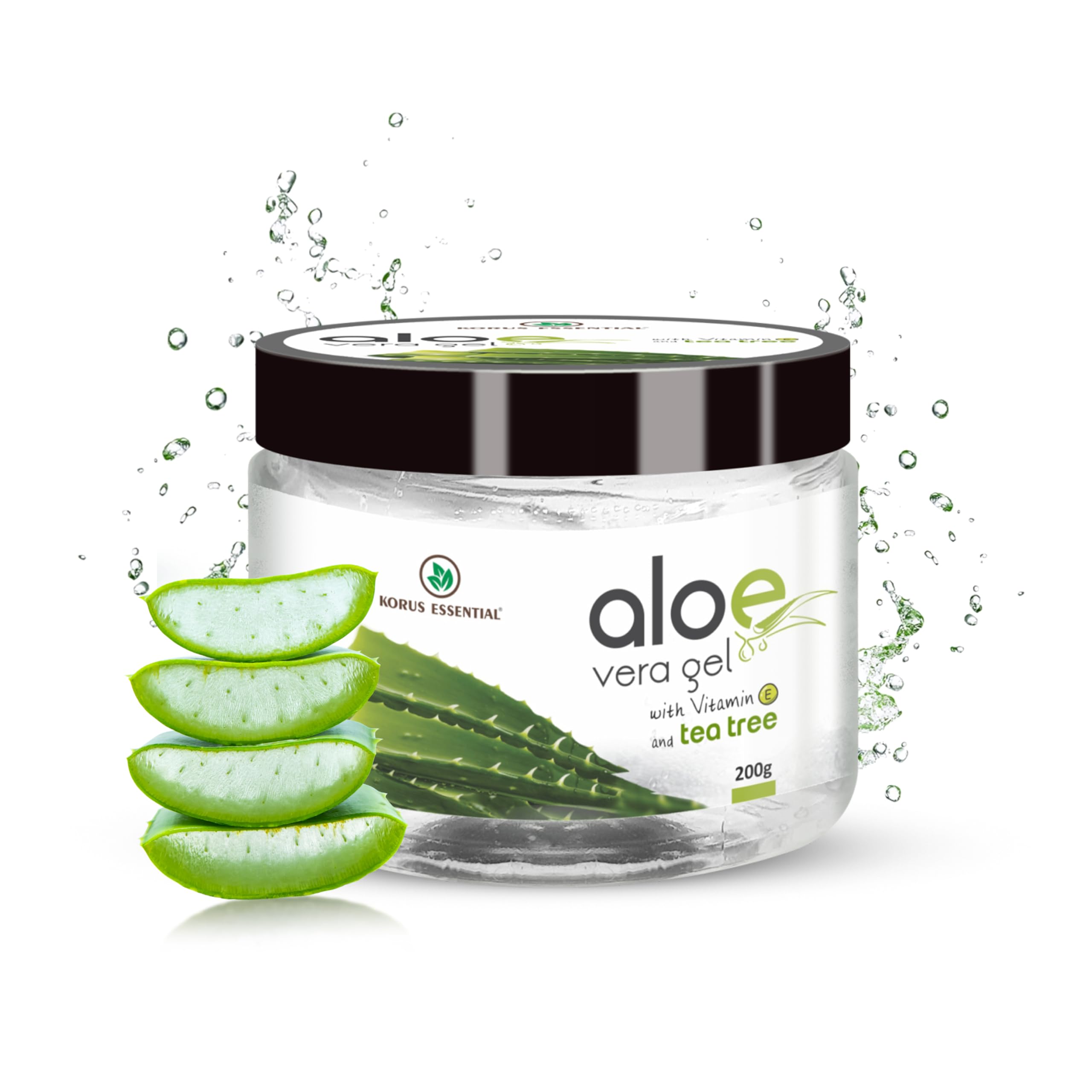 Korus Aloe Vera Gel with Tea Tree Oil - 200g Multipurpose Skin & Hair Care Gel | Moisturizing, Cooling for Sunburn Relief, Acne Treatment, Scalp Hydration | Perfect for After-Sun Care, Daily Skincare & Hair Conditioning