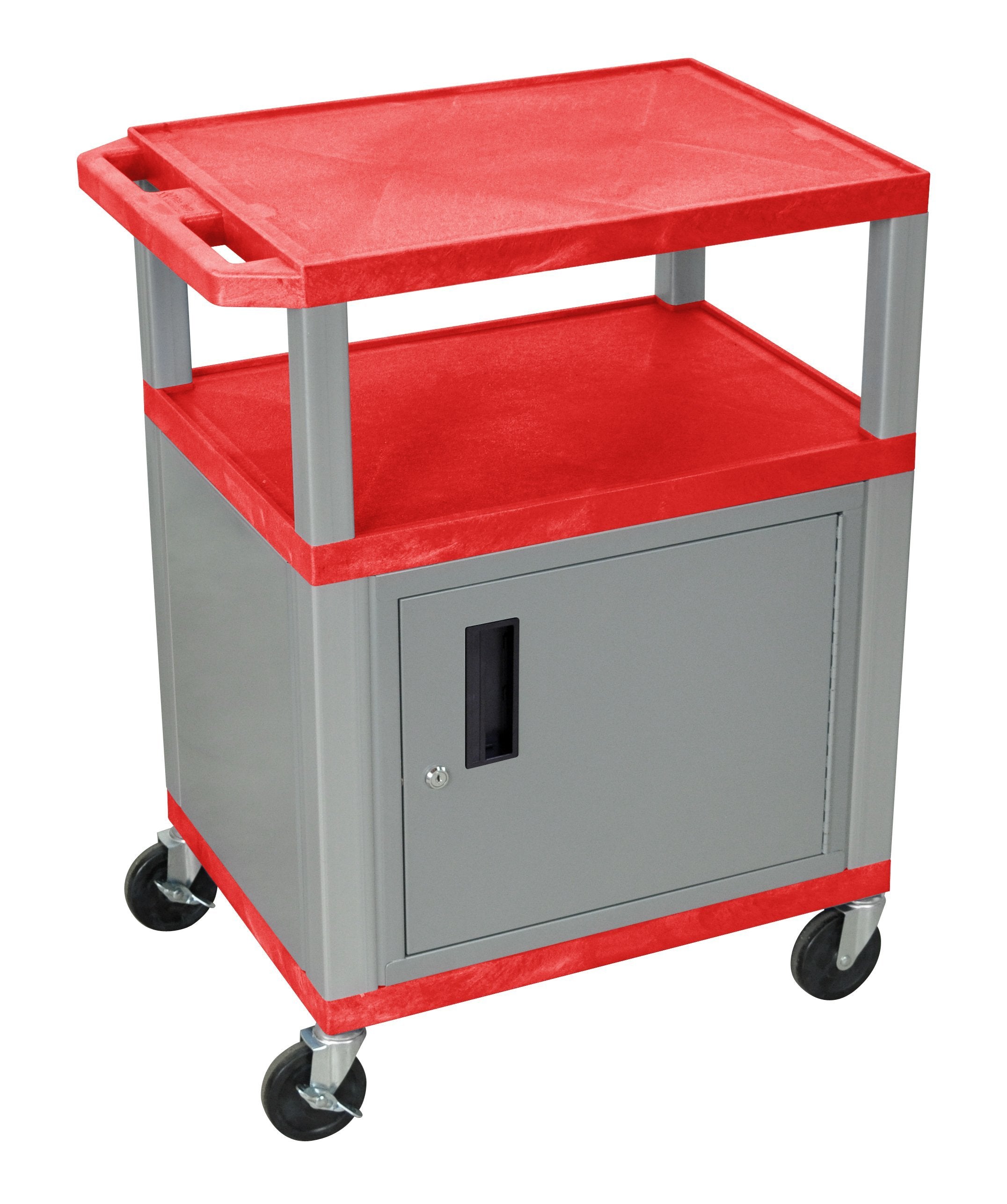 Luxor Tuffy Red 3-Shelf AV Cart with Black Legs & Electric Outlet - Perfect for Classrooms, Offices, and Home Entertainment Systems