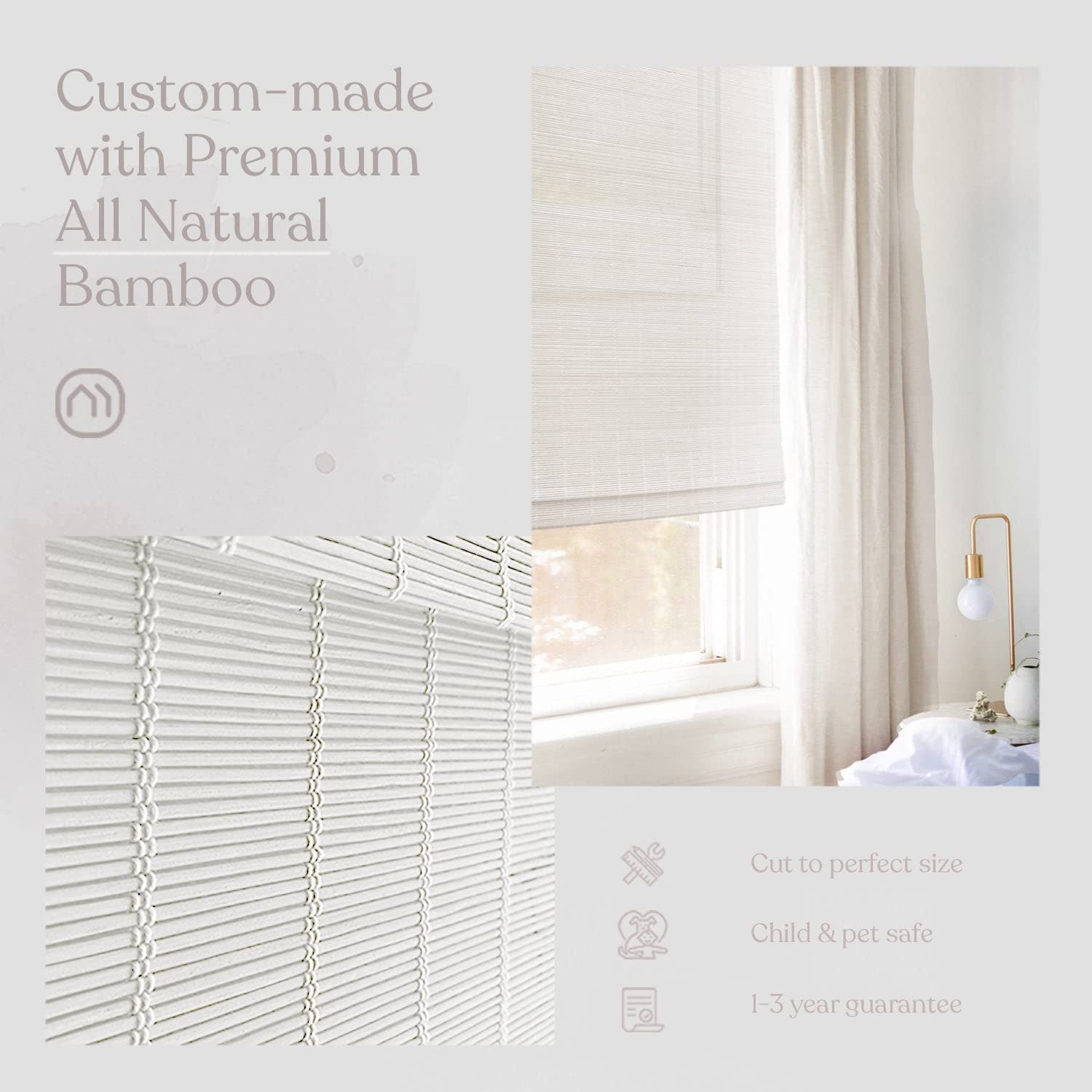 Custom Bamboo Roman Shades - Top Down Bottom Up Cordless Window Treatment | Natural Woven & Sheer Modern White Dough | 23