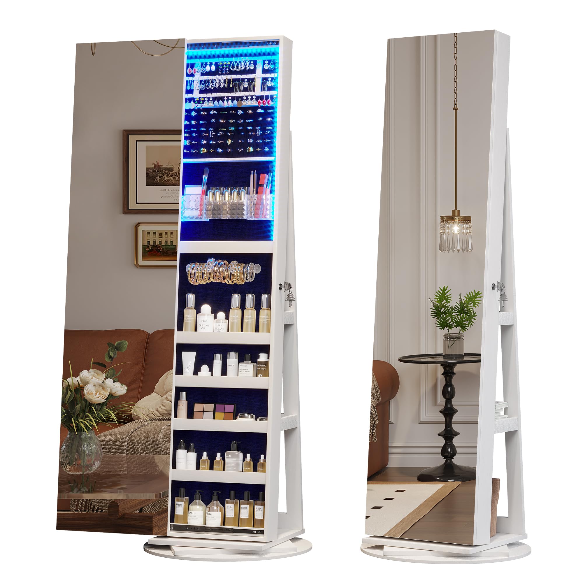 360° Swivel Jewelry Mirror Cabinet with LED Lights - 63