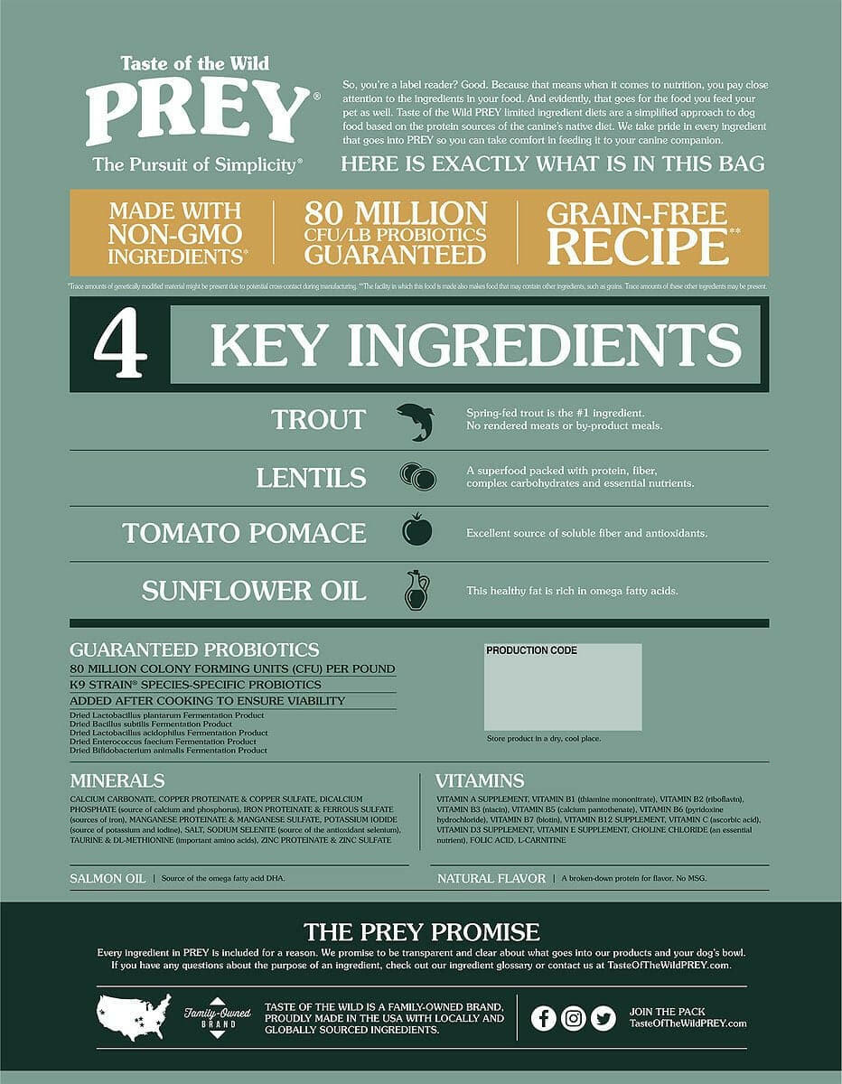 Taste of the Wild PREY Trout Grain Free Dry Dog Food - High Protein Natural Kibble for Adult Dogs - Perfect for Active Pets & Outdoor Adventures