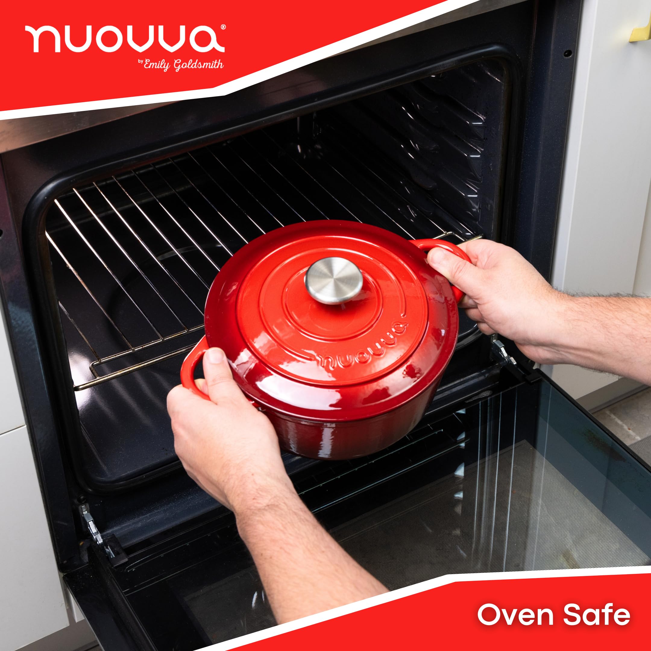 Premium 5-Quart Enameled Cast Iron Dutch Oven with Lid - Nonstick, Oven & Stovetop Safe to 500°F - Durable Red Casserole Pot (24cm) by Nuovva - Perfect for Braising, Stewing, Baking & Slow Cooking