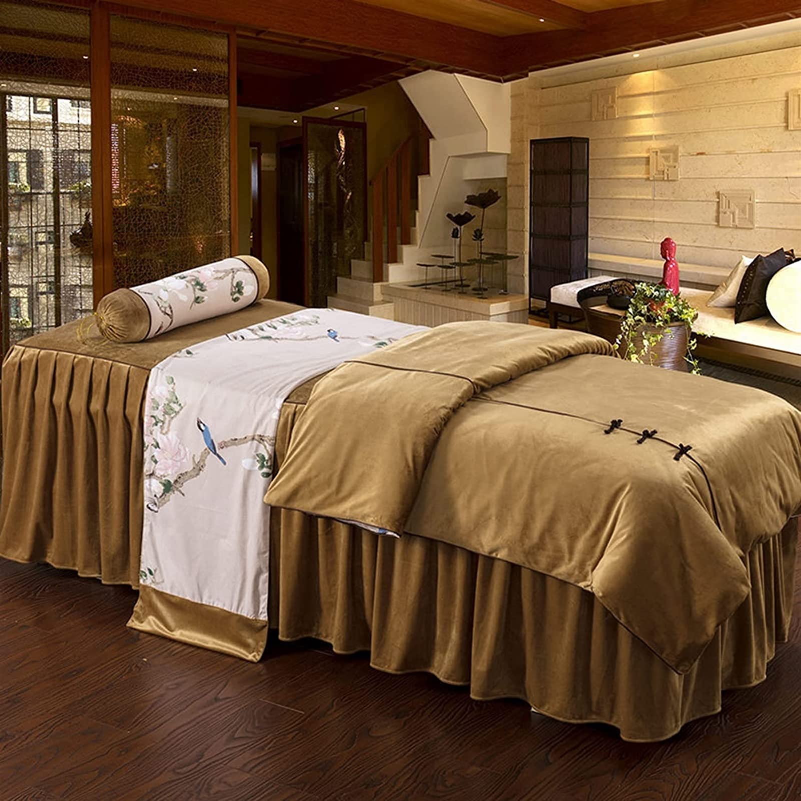 Premium 4-Piece Massage Bed Sheet Set with Table Skirt & Face Hole - 80x190cm (31x75inch) Brown - Professional Beauty Salon & Spa Bed Cover for Facial, Massage & Waxing Treatments