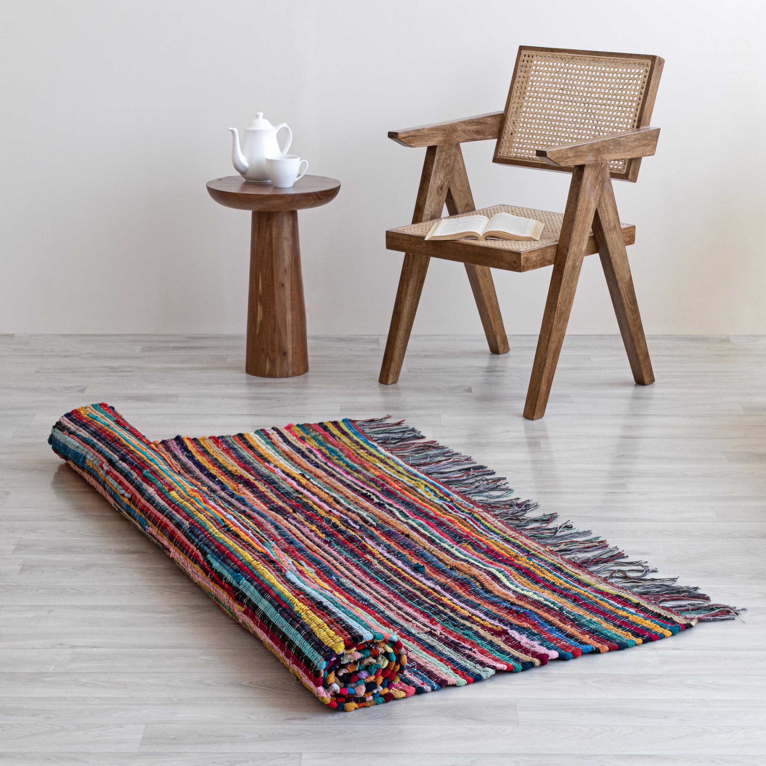 Handmade Reversible Cotton Chindi Rug 4'x6' with Fringes - Boho Chic Multi Rag Area Rug for Bedroom, Living Room, Dining & Laundry - Perfect for Bohemian Home Decor & Cozy Floor Accent