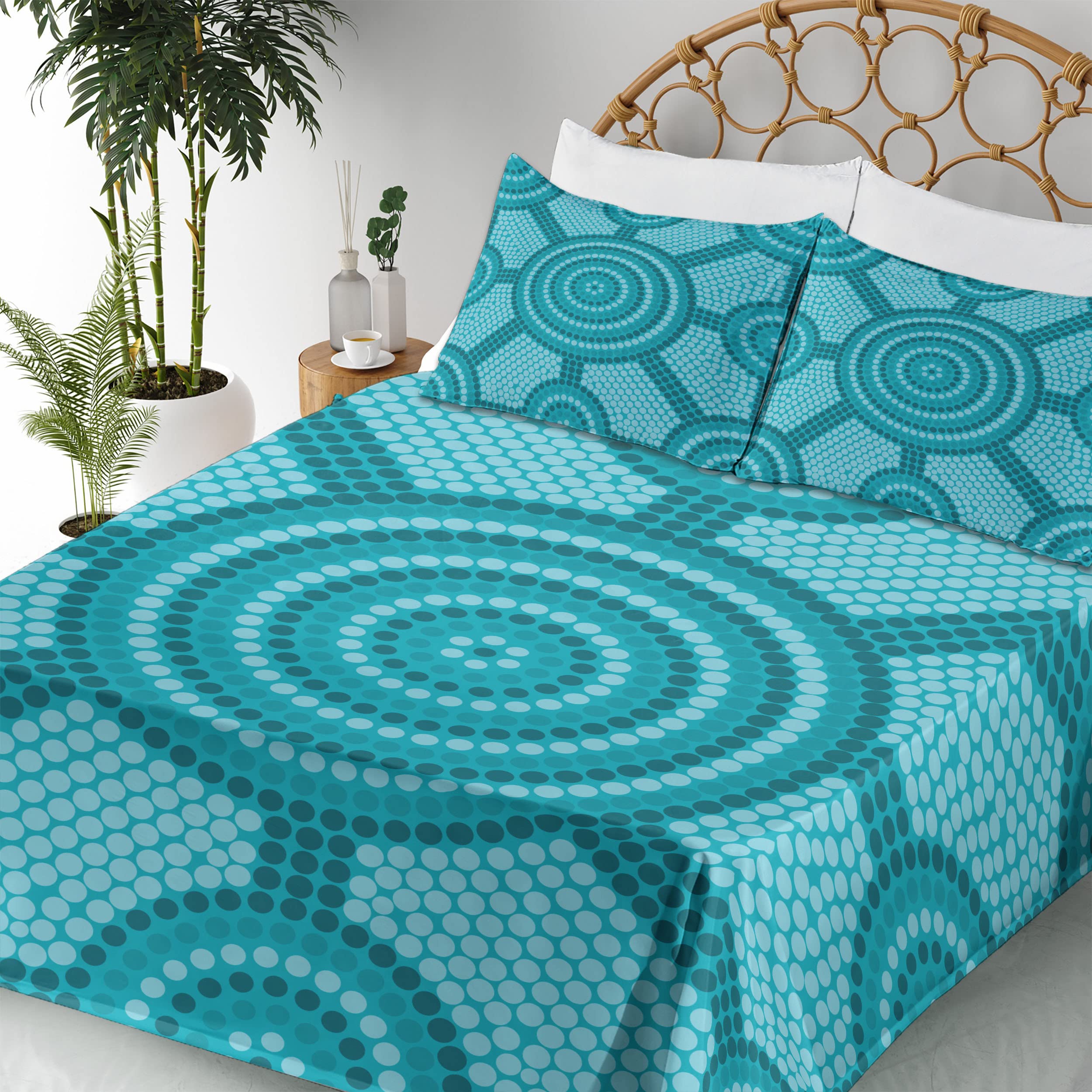 Ambesonne 4-Piece King Sheet Set - Teal Aboriginal Dot Painting Design, Soft & Breathable Bedding with Fitted Sheet, Flat Sheet & 2 Pillowcases | Australian Native Art Inspired Bedroom Decor for Modern Homes
