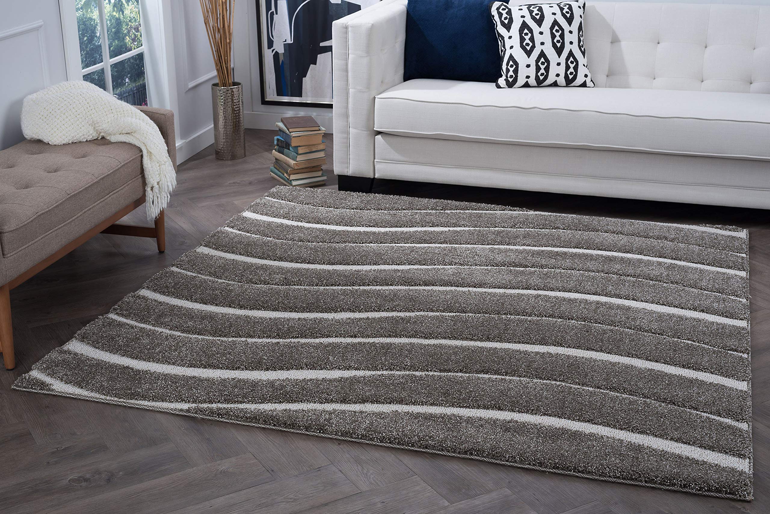 Premium 7ft Shag Square Area Rug - Soft Plush Gray Stripe Carpet for Living Room, Bedroom & Dining Room | Cozy Home Decor & Floor Protection