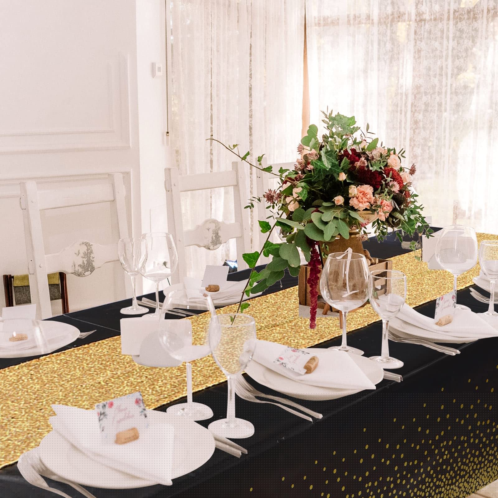 Polka Dot & Sequin Tablecloth Set - 2 Pcs Glitter Plastic Table Cover with Confetti Table Runner for Birthday, Wedding, Anniversary Party Decor (Black & Gold) | Perfect for Dining Tables, Buffets, and Special Event Decorations