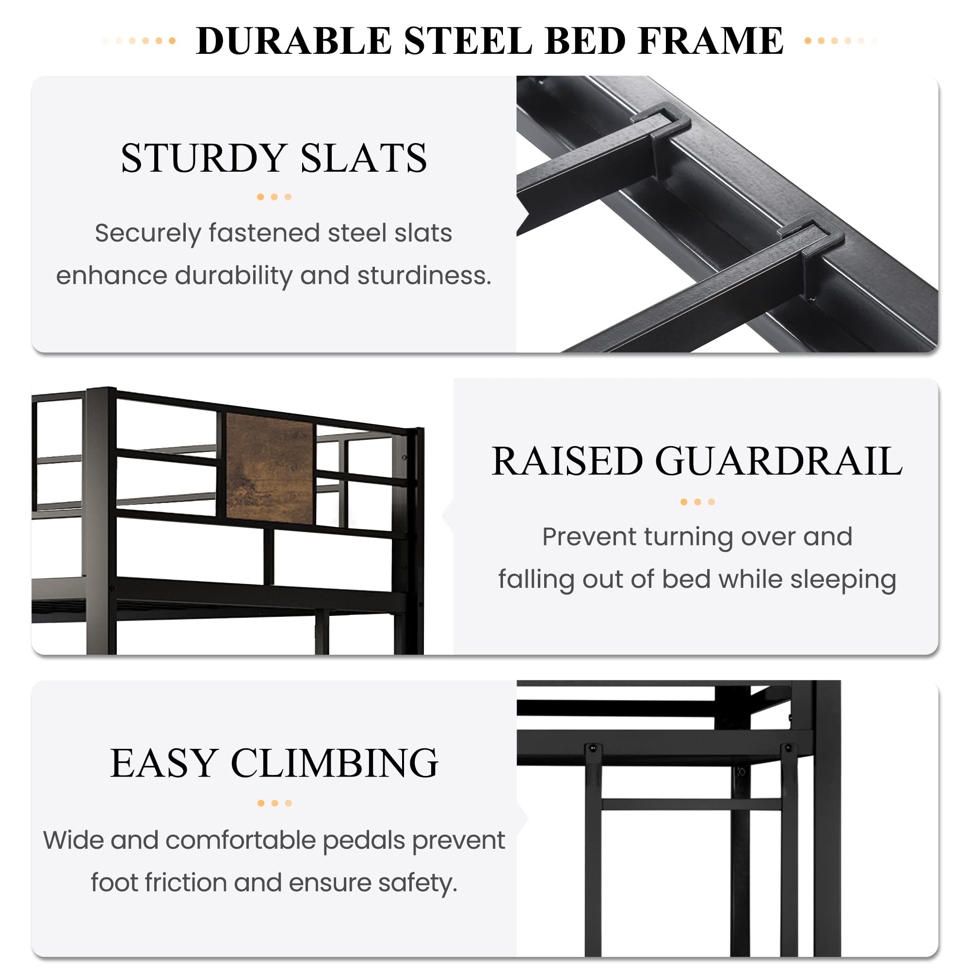 Rustic SHA CERLIN Twin Loft Bed with Ladder & Guardrail - Space-Saving Metal Slat Design (No Box Spring Needed) - Perfect for Small Bedrooms, Dorms & Studio Apartments