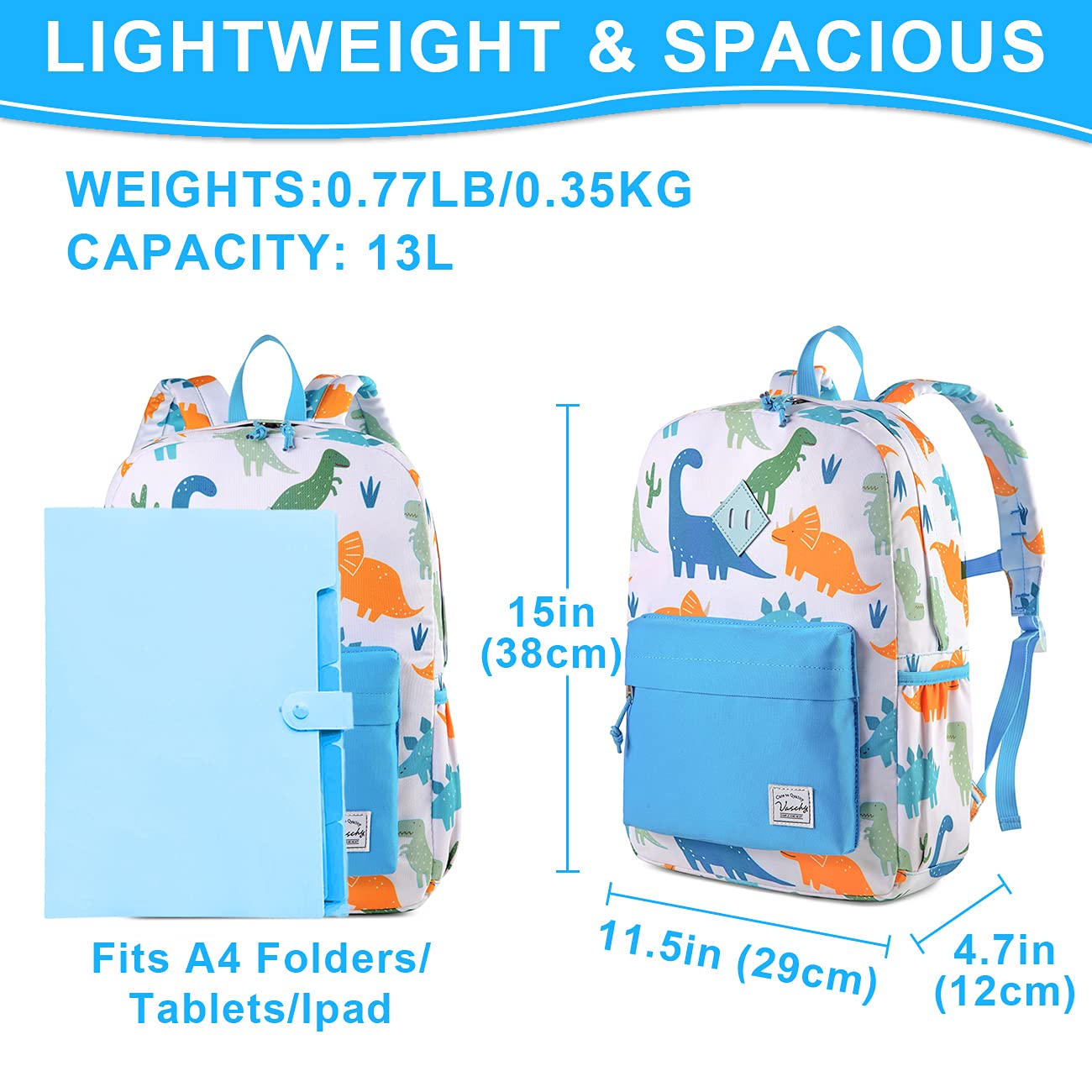 VASCHY Dinosaur Kids Backpack for Boys - Lightweight Toddler Backpack for Daycare, Preschool & Travel - Cute White Dino Design School Bag for Little Boys | Perfect for School, Outdoor Adventures & Daily Use