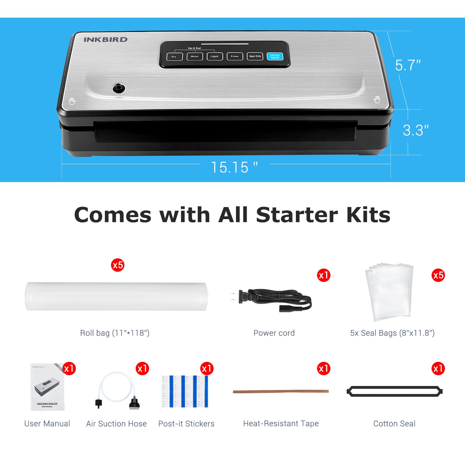 INKBIRD Vacuum Sealer Machine with 5 Rolls (110ft) & 8