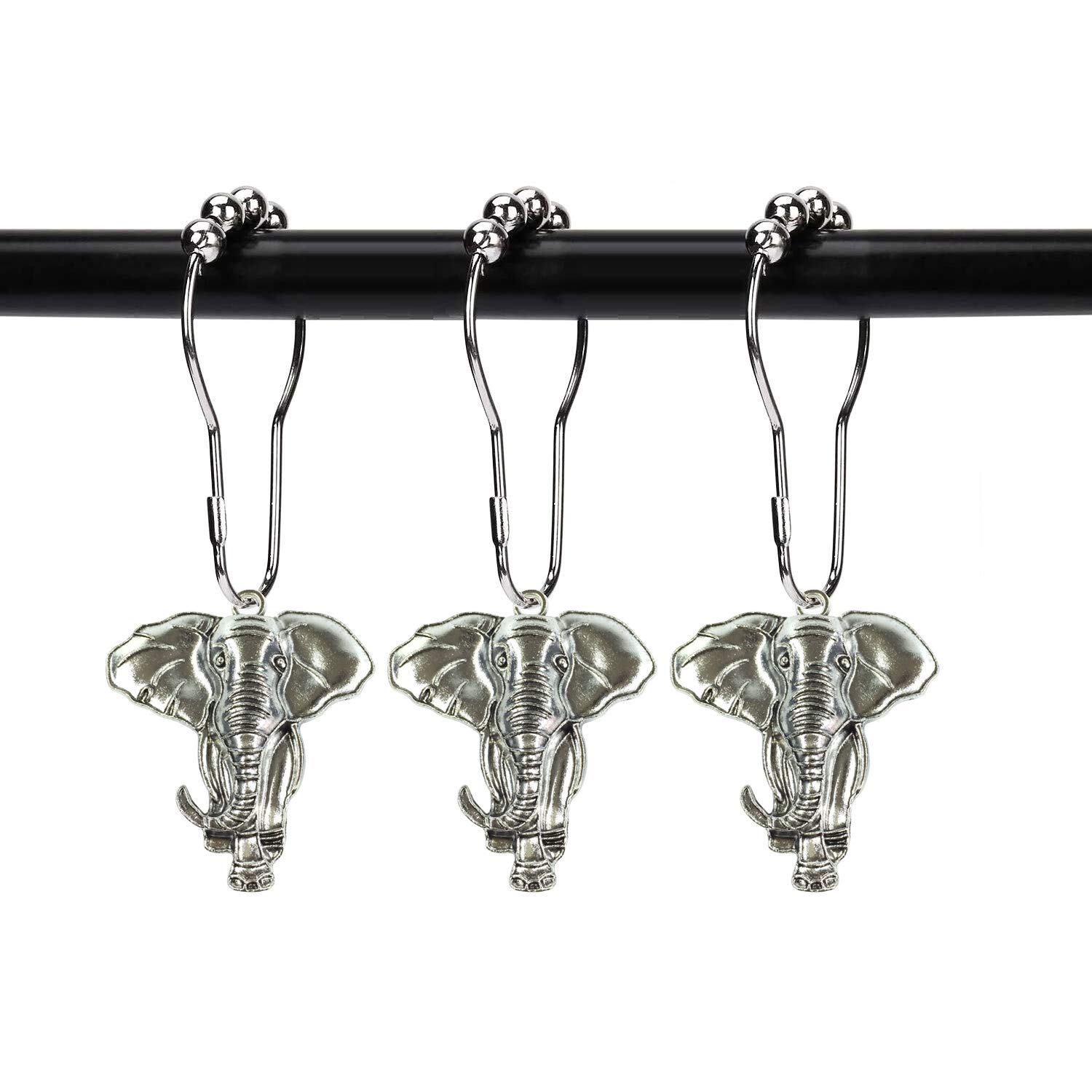 12 Pack Realistic Elephant Shower Curtain Hooks - Stainless Steel Rustproof Bathroom Decor with Silver Finish for Elegant Home & Spa Style Shower Accessories