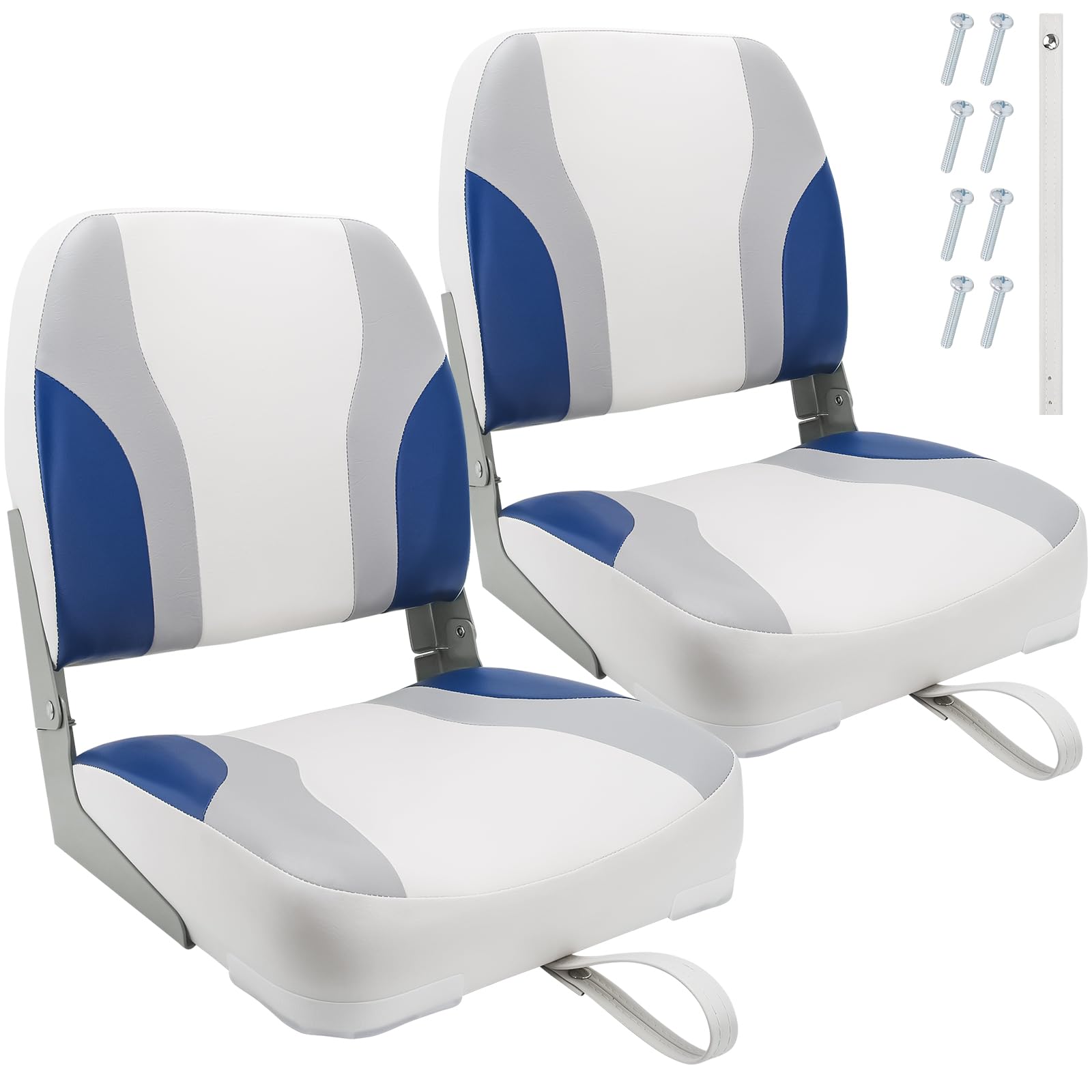 **Low Back Folding Boat Seat 2-Pack – Waterproof Portable Fishing Boat Chairs for Cabin & Deck – Light Grey/Blue/White – Ideal for Fishing, Boating & Outdoor Adventures**