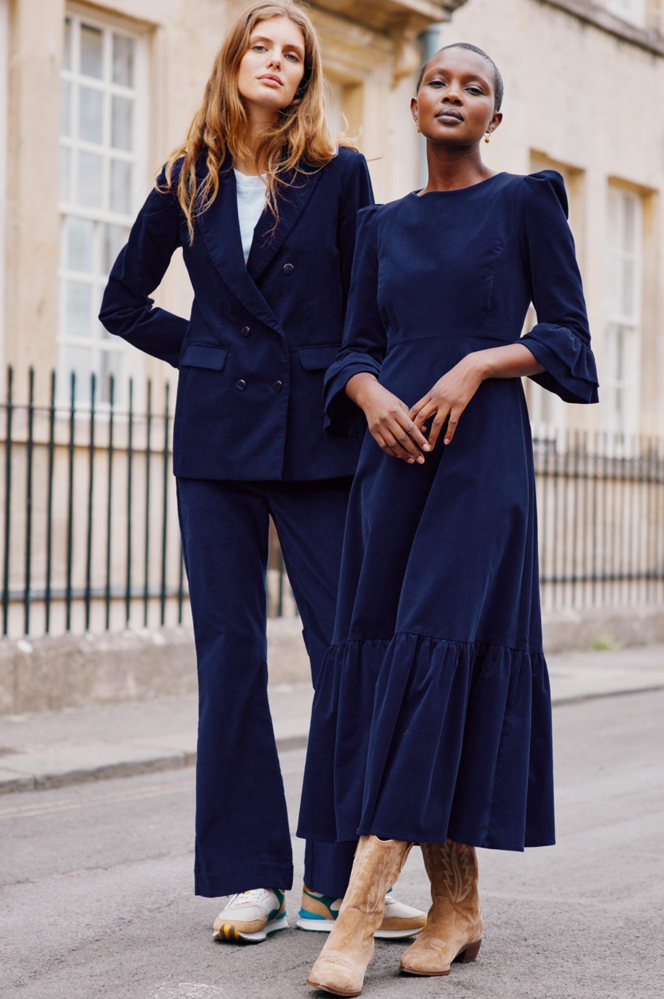 Victoria Round Neck 3/4 Sleeve Stretch Corduroy Dress for Women | Atlantic Blue | Casual Fall Outfit, Office Wear & Date Night Dress