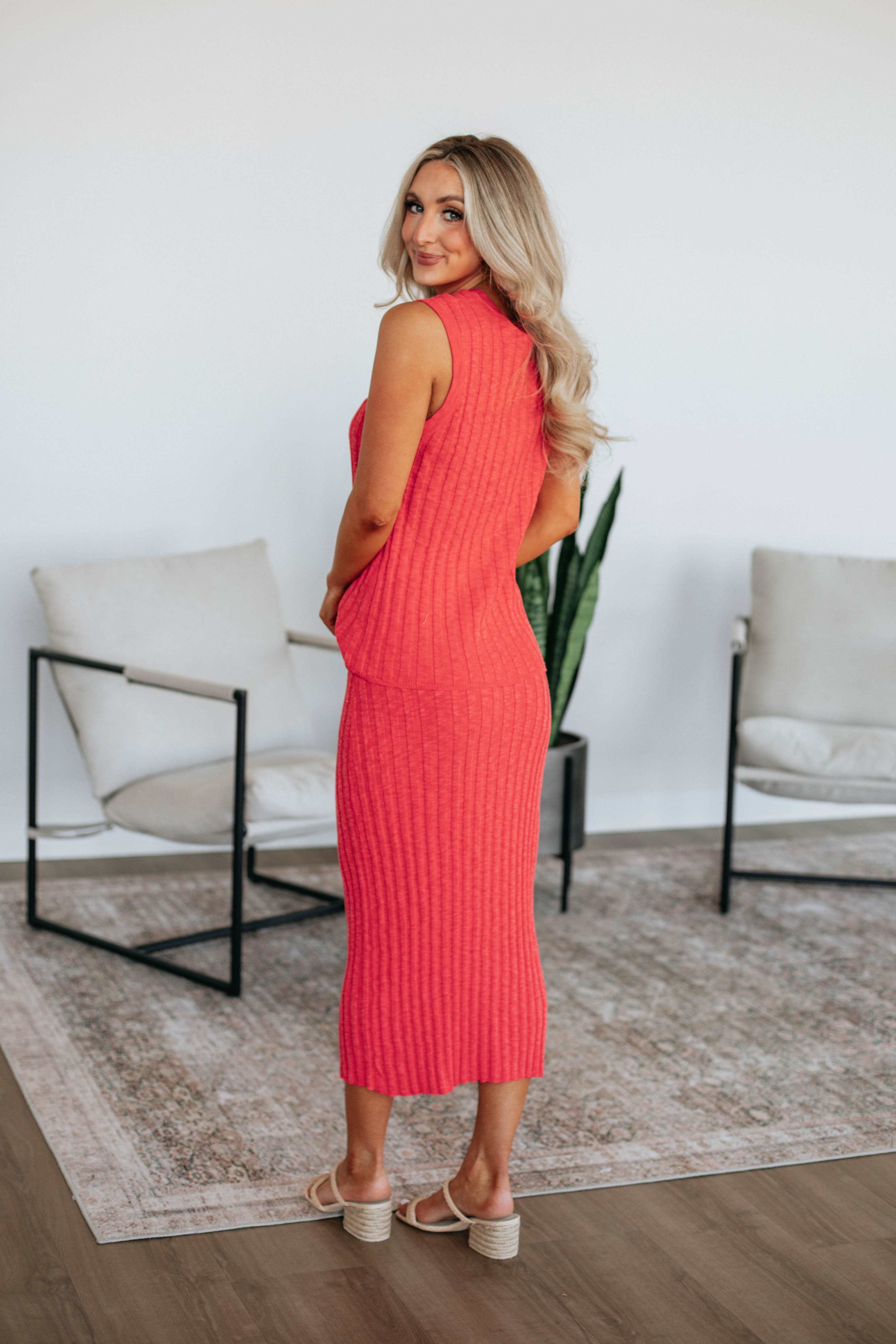 Andri Knit Skirt for Women - Soft Stretch Deep Coral Midi Skirt | Perfect for Casual Wear, Office Outfits & Date Nights