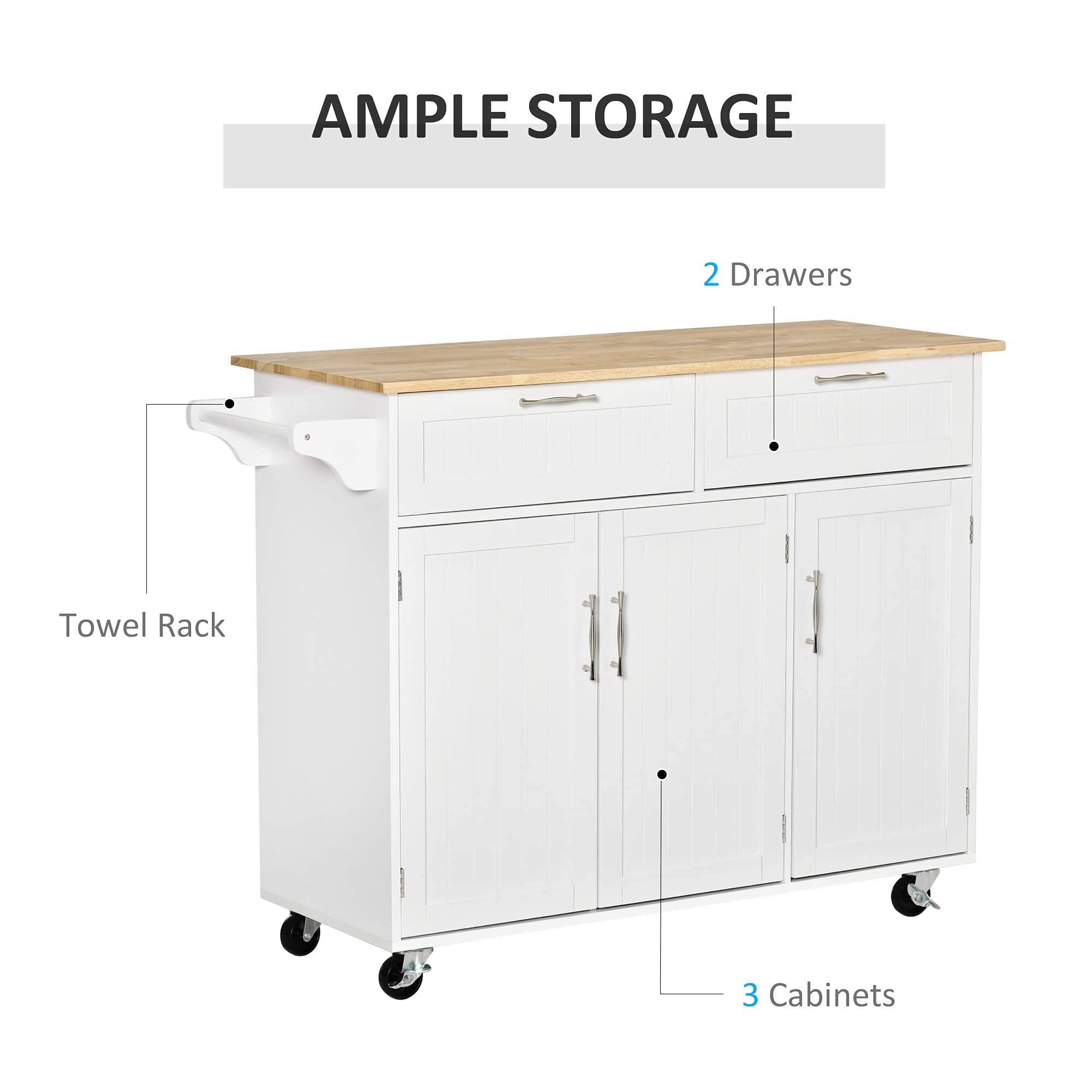 HOMCOM White Mobile Kitchen Island with Storage, Wood Top Kitchen Cart, 3-Door Cabinets, Adjustable Shelves & Towel Rack for Small Spaces, Apartments & Compact Kitchens