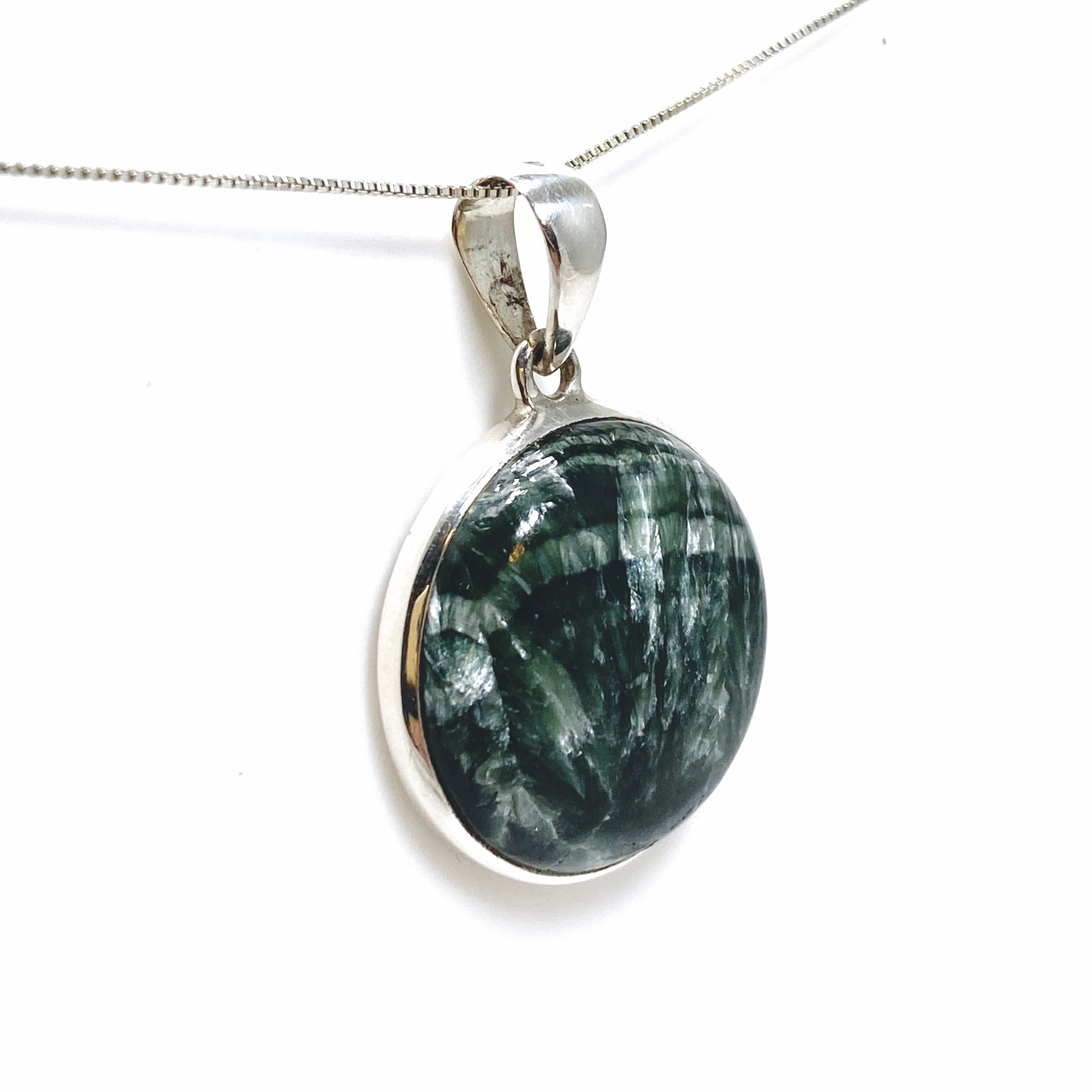 Natural Seraphinite Round Cabochon Pendant Necklace - Handmade Silver Jewelry for Women | Perfect for Meditation, Healing & Spiritual Gifts