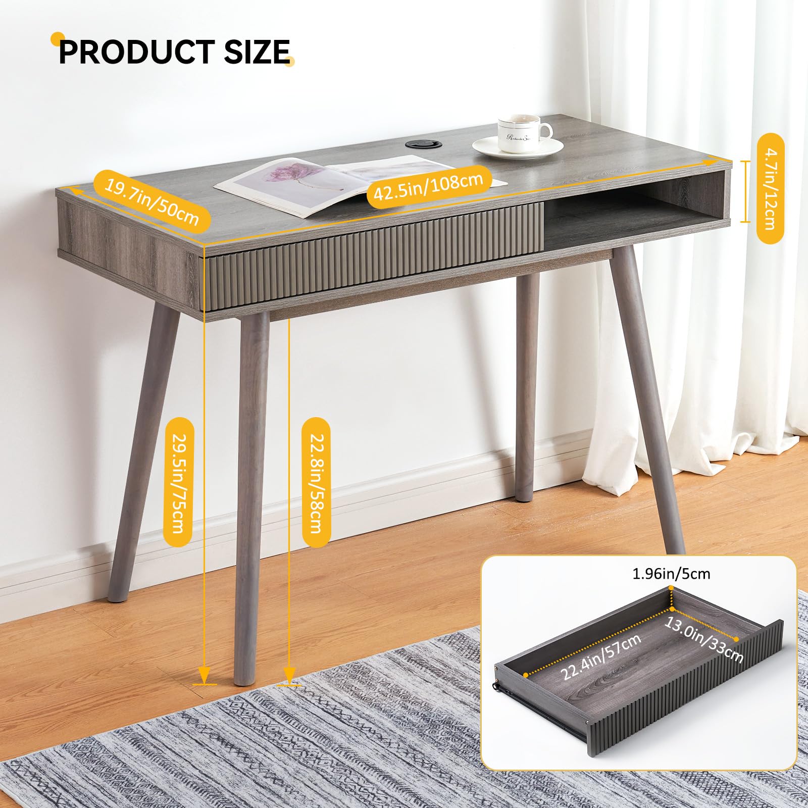 Mid Century Modern Office Desk with Drawer - Simple Home Writing Desk in Grey | Perfect for Home Office, Study & Workspace