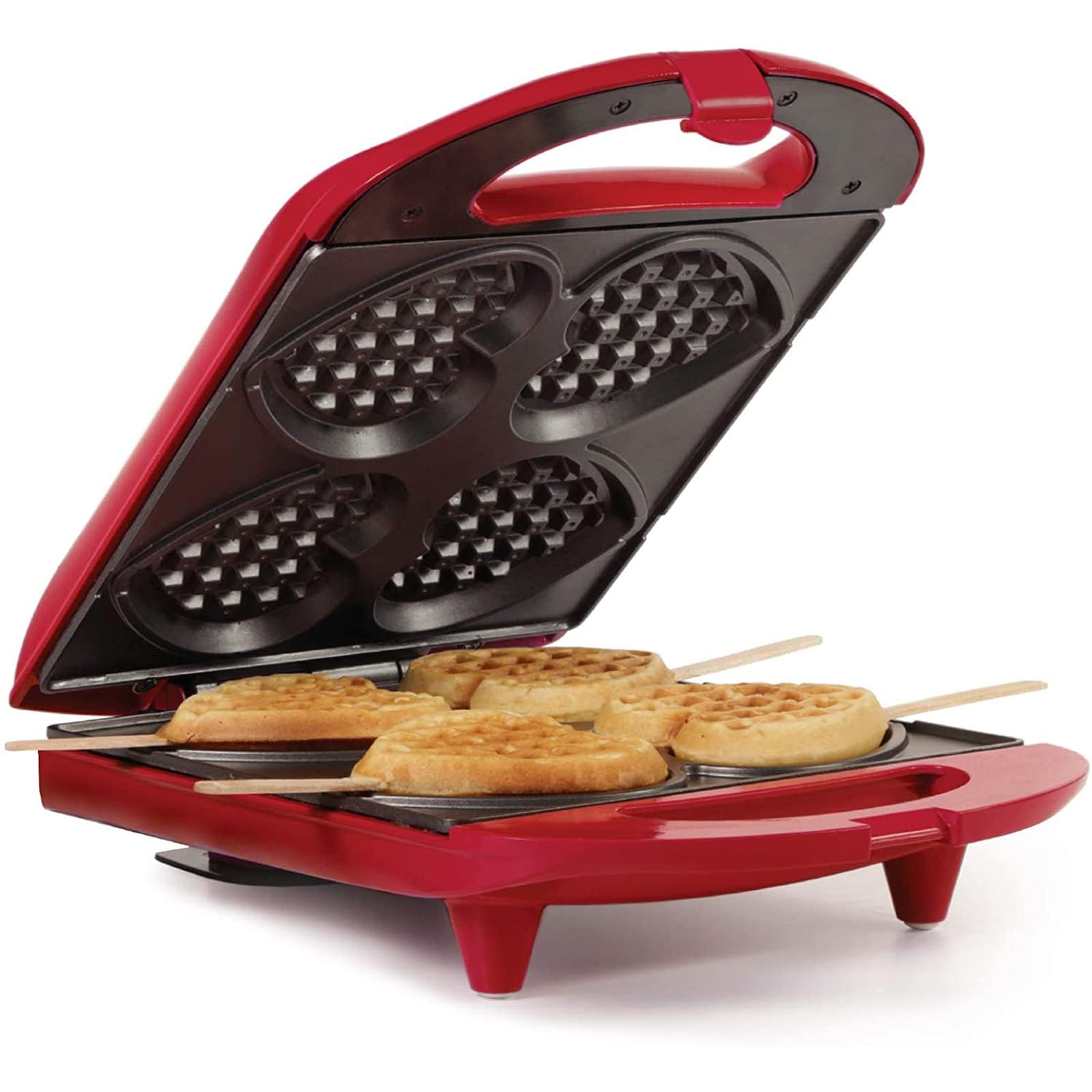 Holstein Housewares Red Non-Stick Heart Waffle Maker - 4 Heart-Shaped Waffles in Minutes - Perfect for Valentine's Day Breakfast, Romantic Dates & Family Brunch