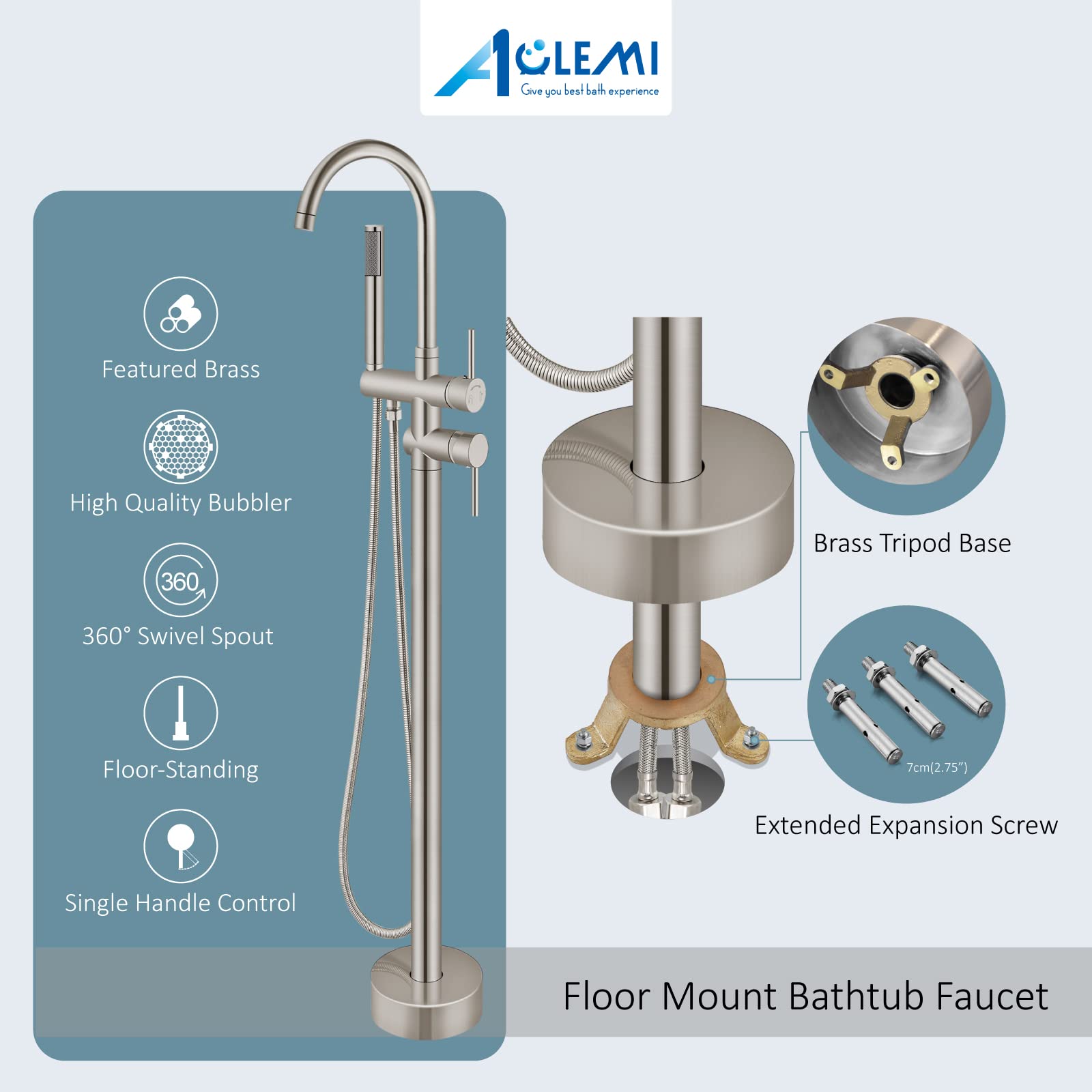 Aolemi Brushed Nickel Floor Mount Bathtub Faucet - 10