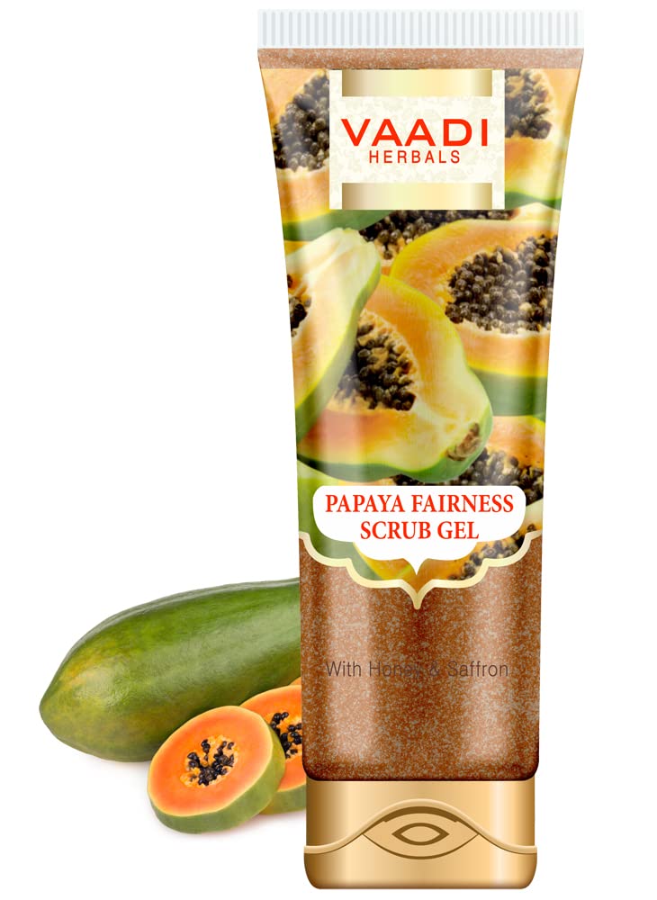 Vaadi Herbals Papaya Fairness Scrub Gel with Honey & Saffron - 110g | Natural Skin Brightening & Exfoliating Face Wash | Perfect for Glowing Skin & Dark Spot Reduction