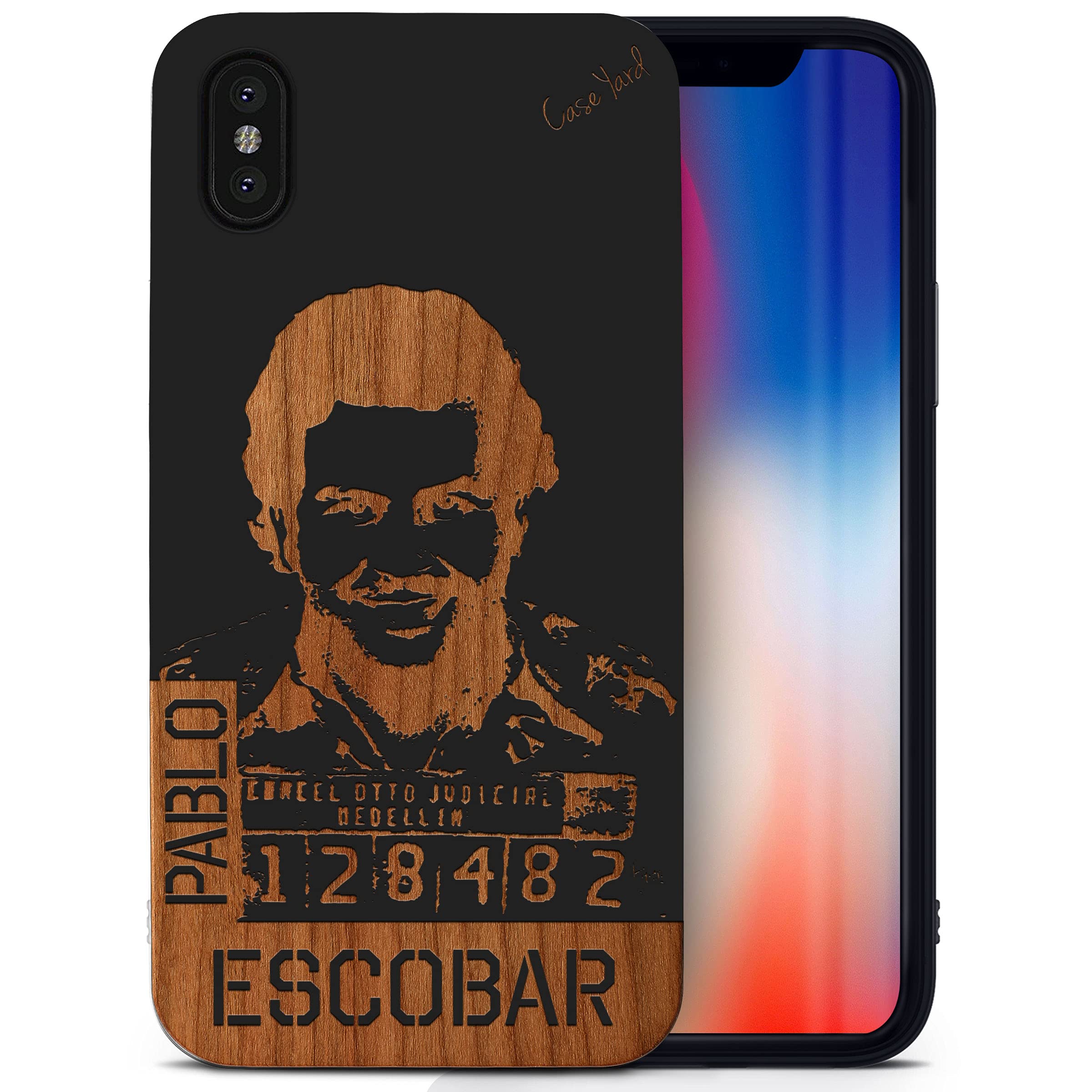 Wooden iPhone X Case - Pablo Escobar Mugshot Laser Engraved Design | Shockproof Slim Fit Protective Cover for Men & Women | Perfect for Daily Use, Travel & Gift Giving