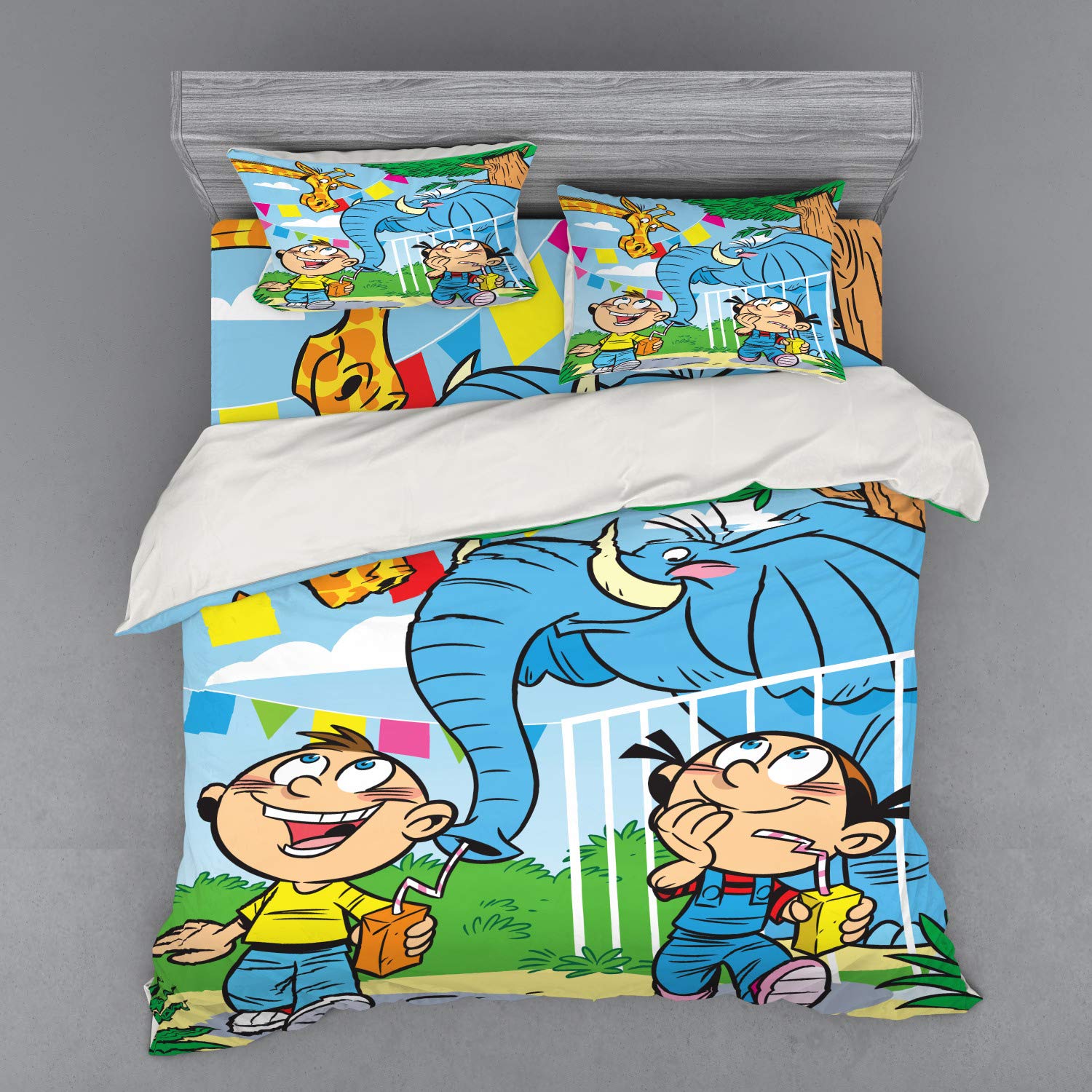 Ambesonne Cartoon Bedding Set - Mischievous Giraffe Zoo Theme 3-Piece Duvet Cover with Sham & Fitted Sheet, King Size, Multicolor | Fun Kids Room Decor for Siblings, Playful Nursery Bedding