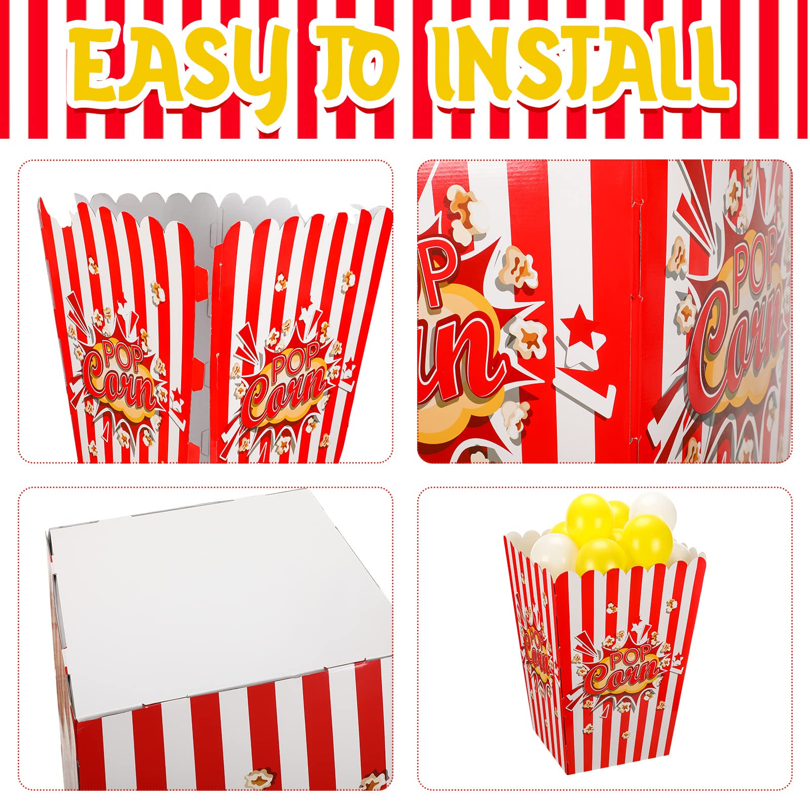 Giant 3D Popcorn Box Stand with Balloons - Movie Theater Popcorn Decorations for Carnival & Themed Parties (2 Pack) - Perfect for Movie Nights, Birthday Celebrations, and Outdoor Events
