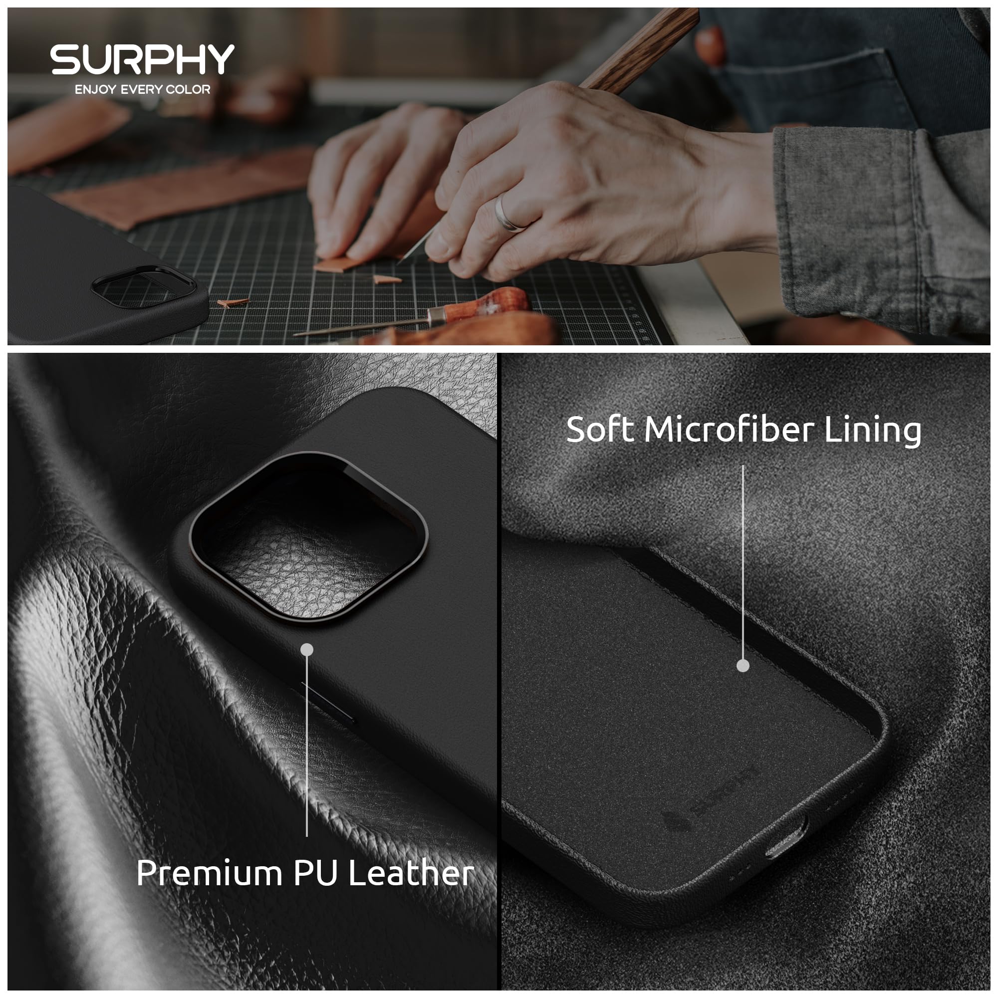 Premium Faux Leather iPhone 13 Pro Case (6.1 inch 2021) - SURPHY Slim Protective Cover with Metallic Buttons & Microfiber Lining | Perfect for Work, Travel & Everyday Use - Black