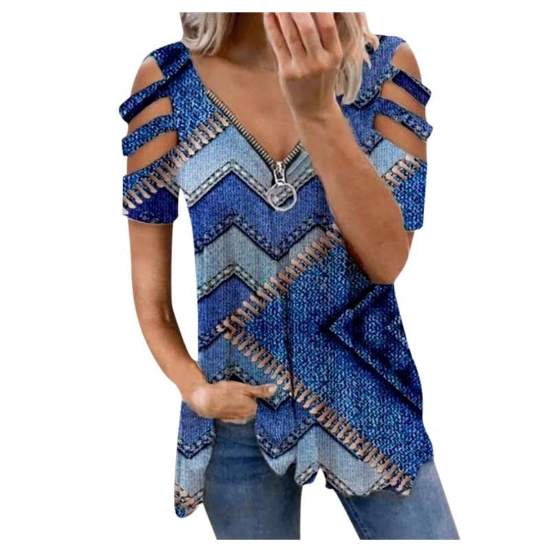 Sexy Cold Shoulder T-Shirts for Women - Striped Zipper V-Neck Short Sleeve Summer Blouse | Casual Wear, Beach Outfits & Party Tops