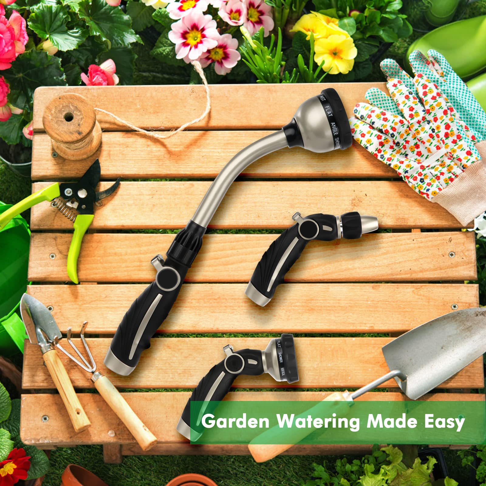 RESTMO 15-Inch Metal Watering Wand - Heavy Duty Garden Hose Nozzle Sprayer with Thumb Flow Control & 10 Spray Patterns - Perfect for Watering Hanging Baskets, Shrubs, Flowers, and Lawn Care - Ideal for Gardening, Landscaping, and Outdoor Plant Maintenance